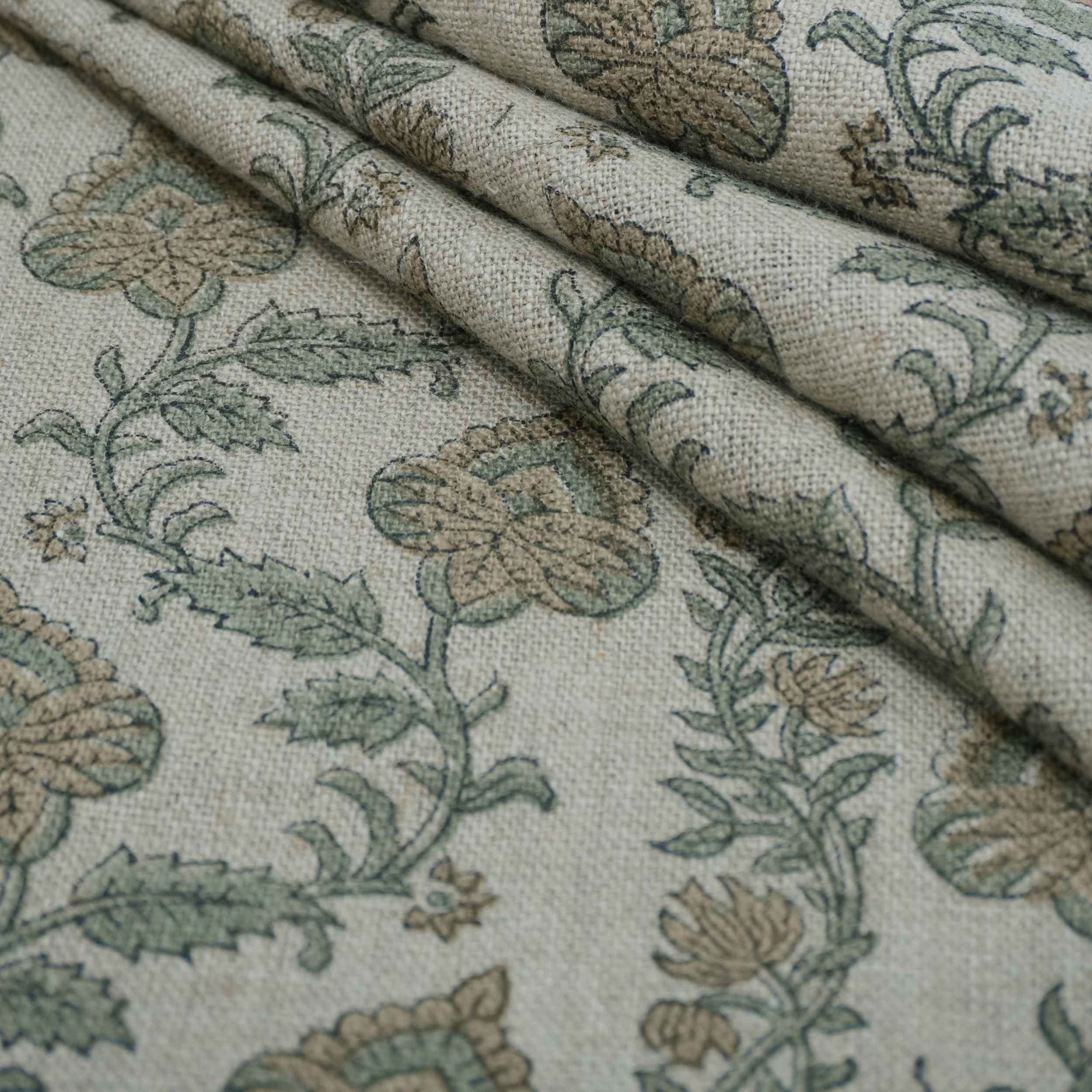 Hand Printed Grey Floral Pure Linen Curtain Fabric | Madhubala