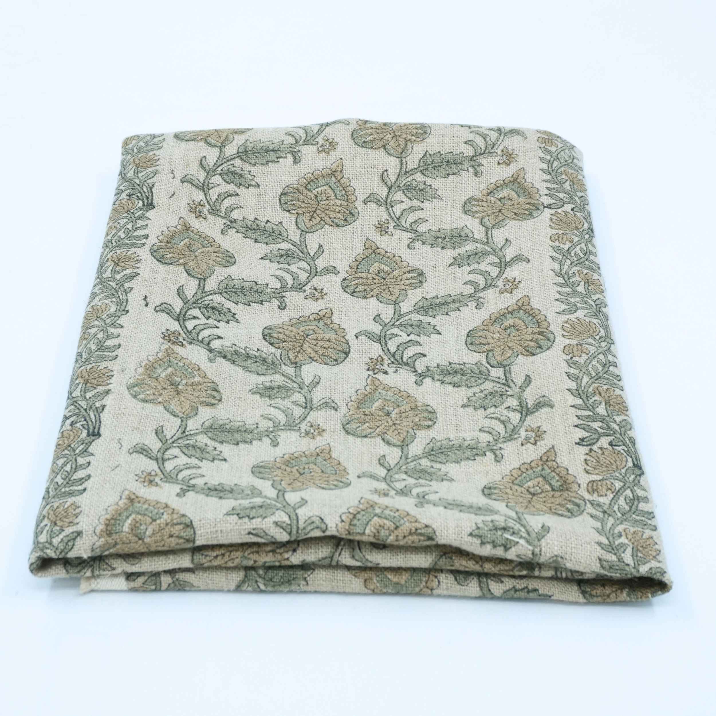 Hand Printed Grey Floral Pure Linen Curtain Fabric | Madhubala