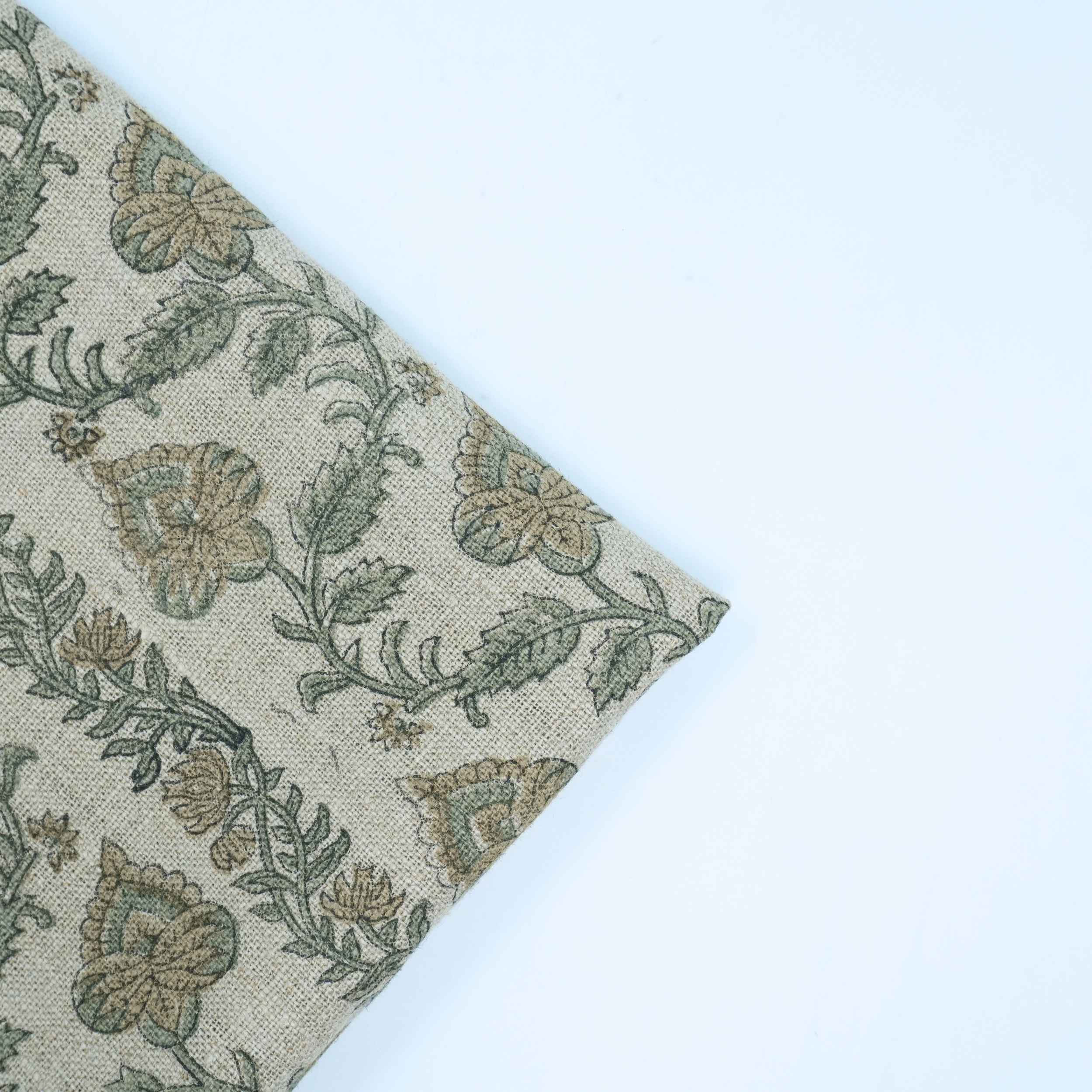 Hand Printed Grey Floral Pure Linen Curtain Fabric | Madhubala