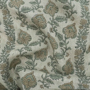 Hand Printed Grey Floral Pure Linen Curtain Fabric | Madhubala