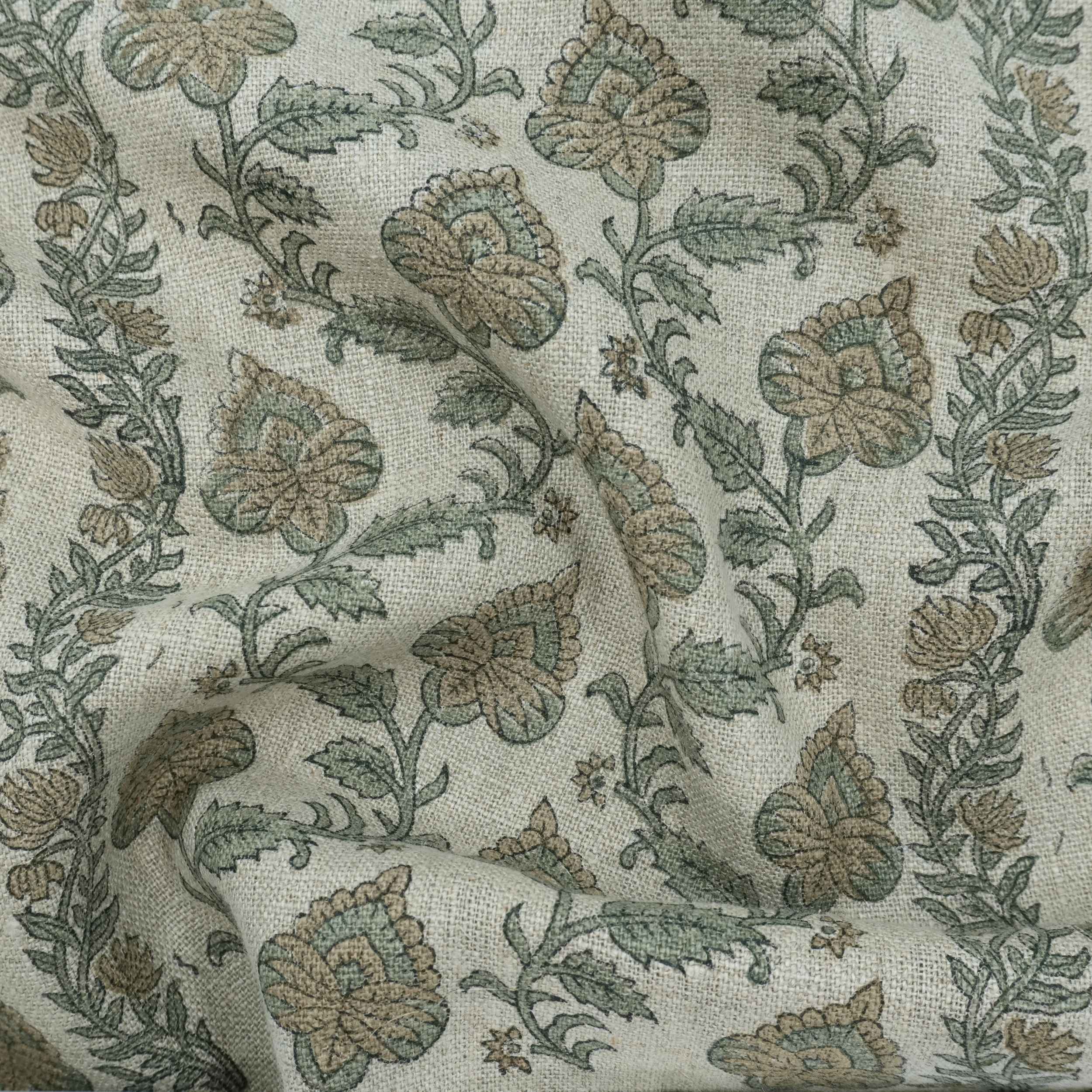 Hand Printed Grey Floral Pure Linen Curtain Fabric | Madhubala