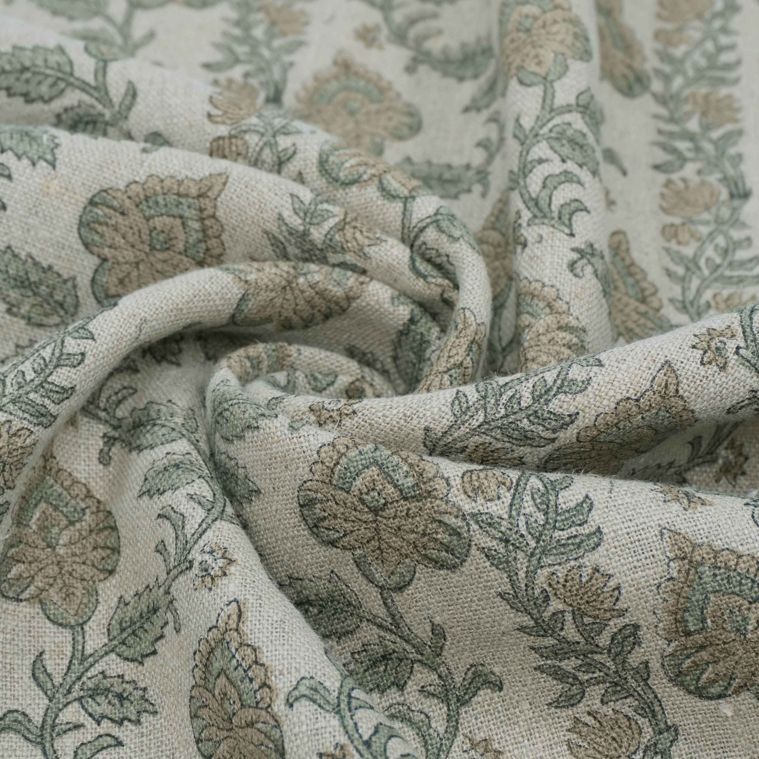 Hand Printed Grey Floral Pure Linen Curtain Fabric | Madhubala