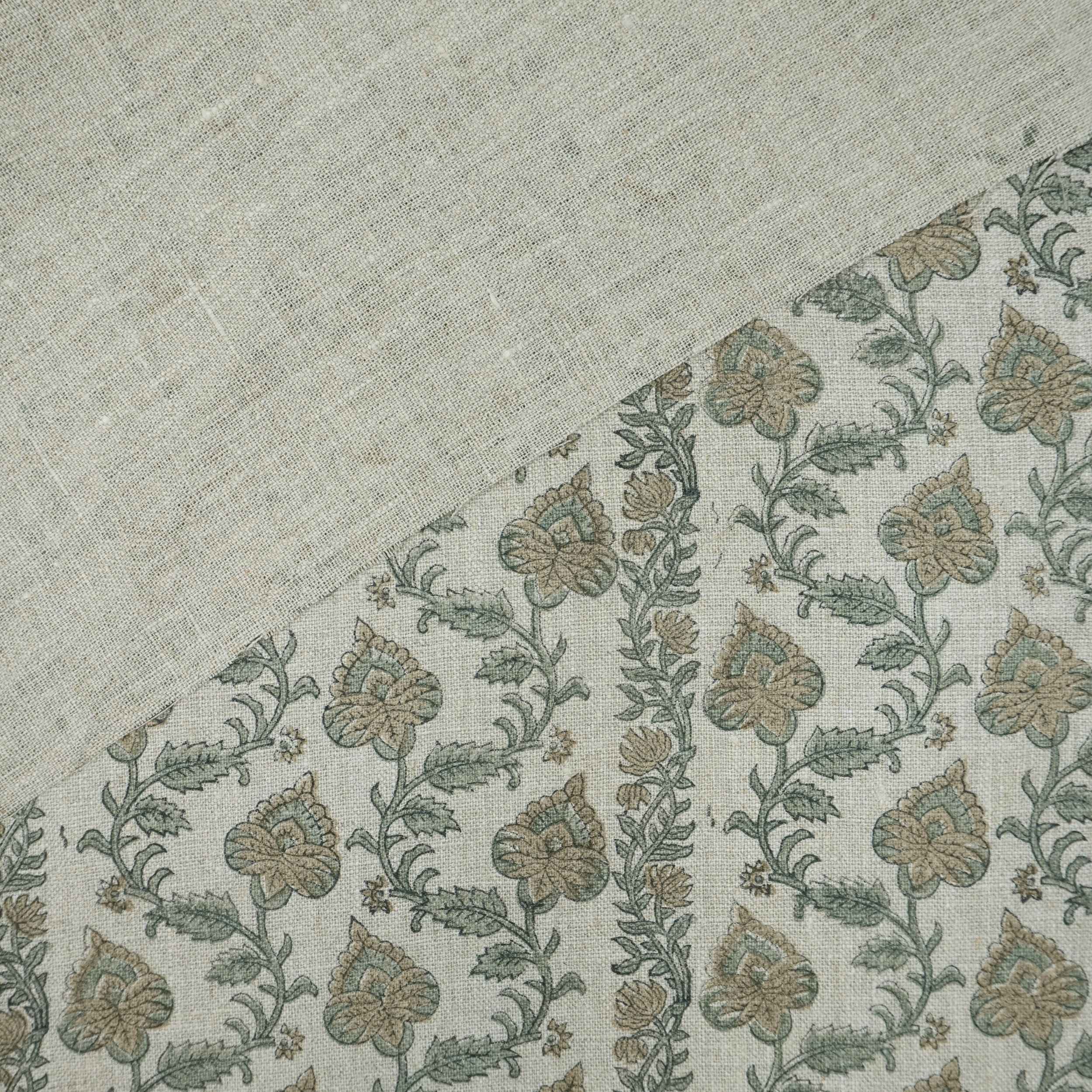 Hand Printed Grey Floral Pure Linen Curtain Fabric | Madhubala