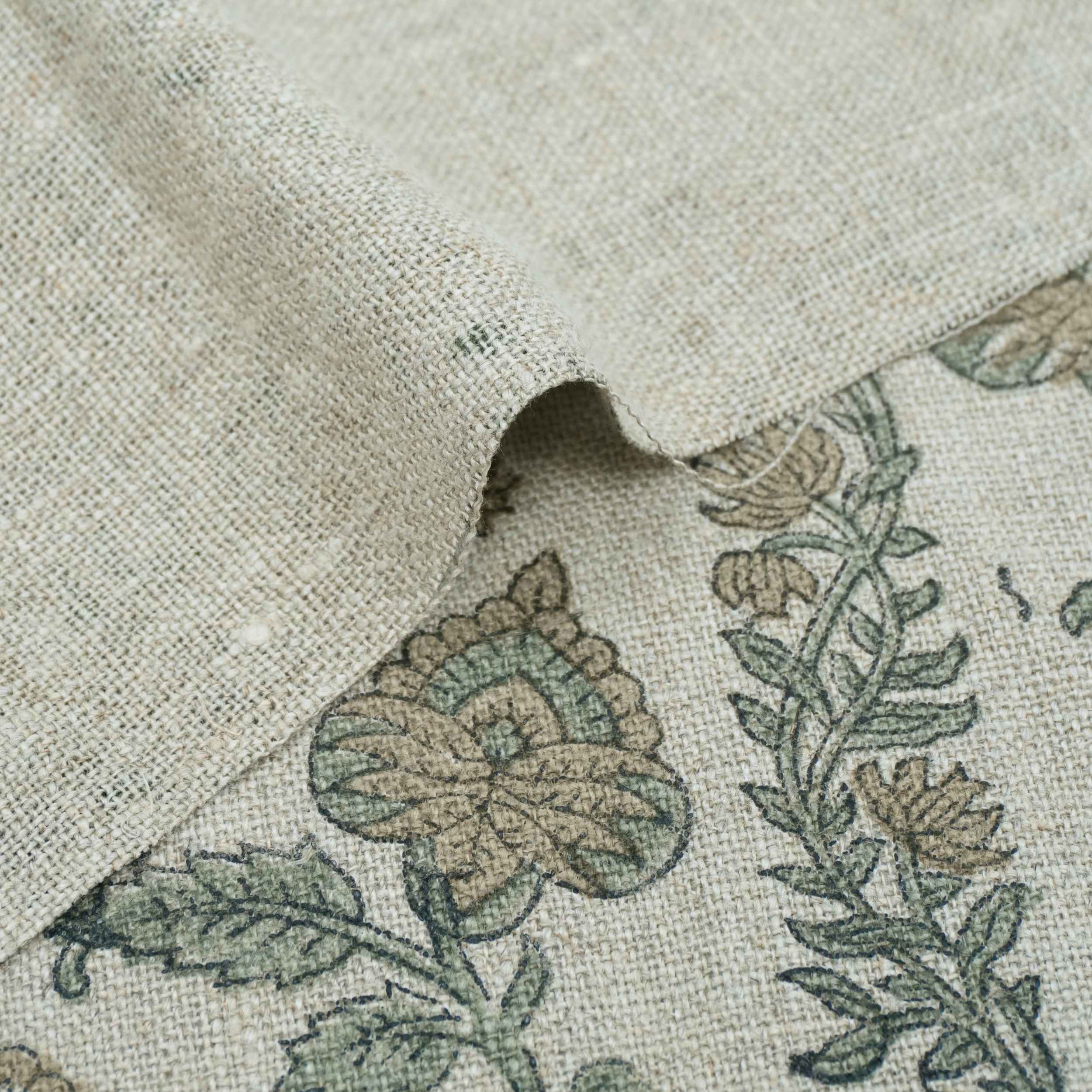 Hand Printed Grey Floral Pure Linen Curtain Fabric | Madhubala