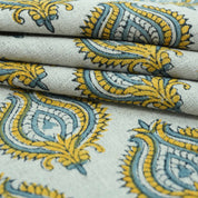 Indian Printed Yellow Blue Floral Pure Linen Throw Fabric - Uday