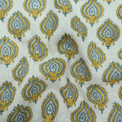 Indian Printed Yellow Blue Floral Pure Linen Throw Fabric - Uday