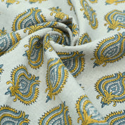 Indian Printed Yellow Blue Floral Pure Linen Throw Fabric - Uday