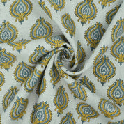 Indian Printed Yellow Blue Floral Pure Linen Throw Fabric - Uday