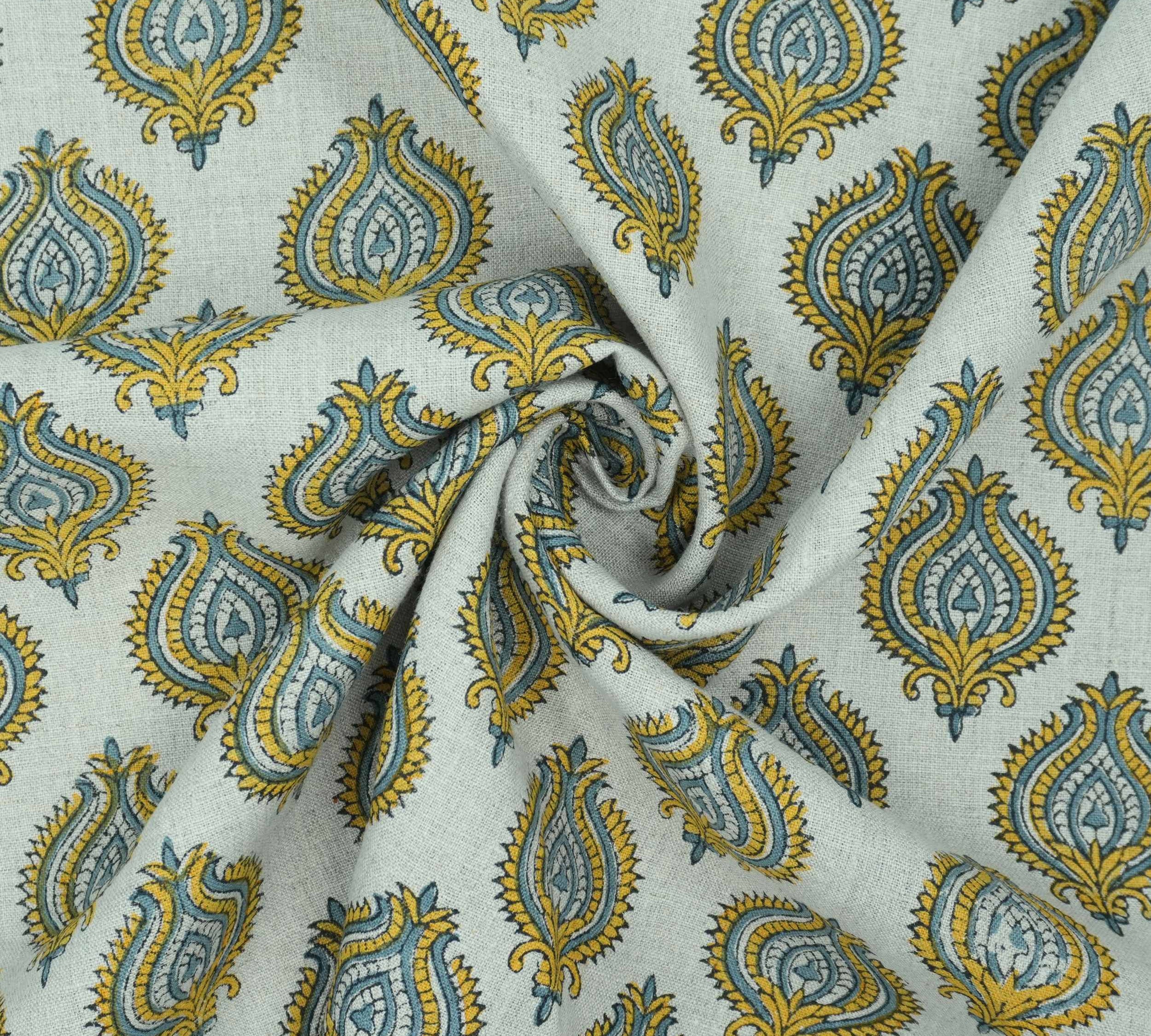 Indian Printed Yellow Blue Floral Pure Linen Throw Fabric - Uday