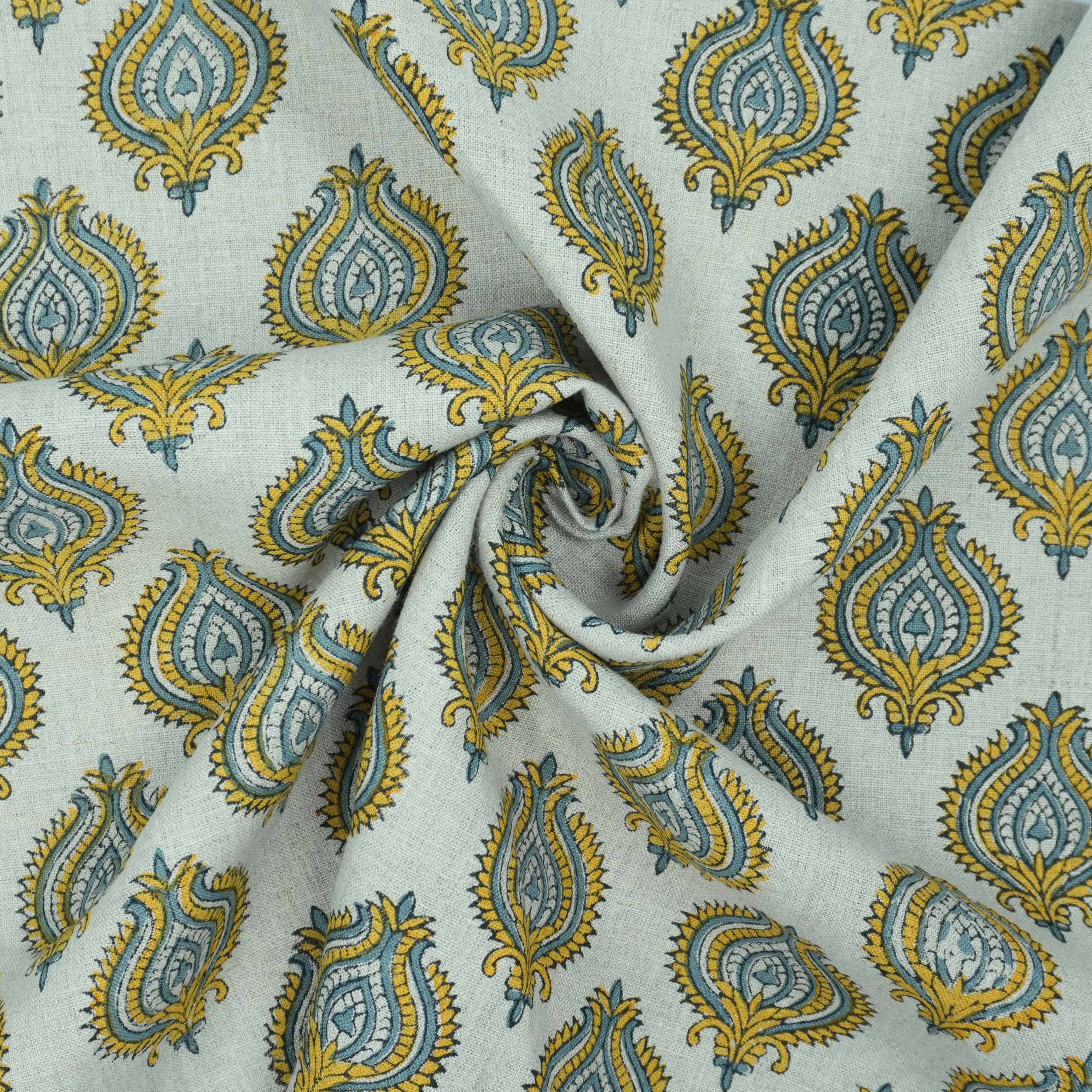 Indian Printed Yellow Blue Floral Pure Linen Throw Fabric - Uday