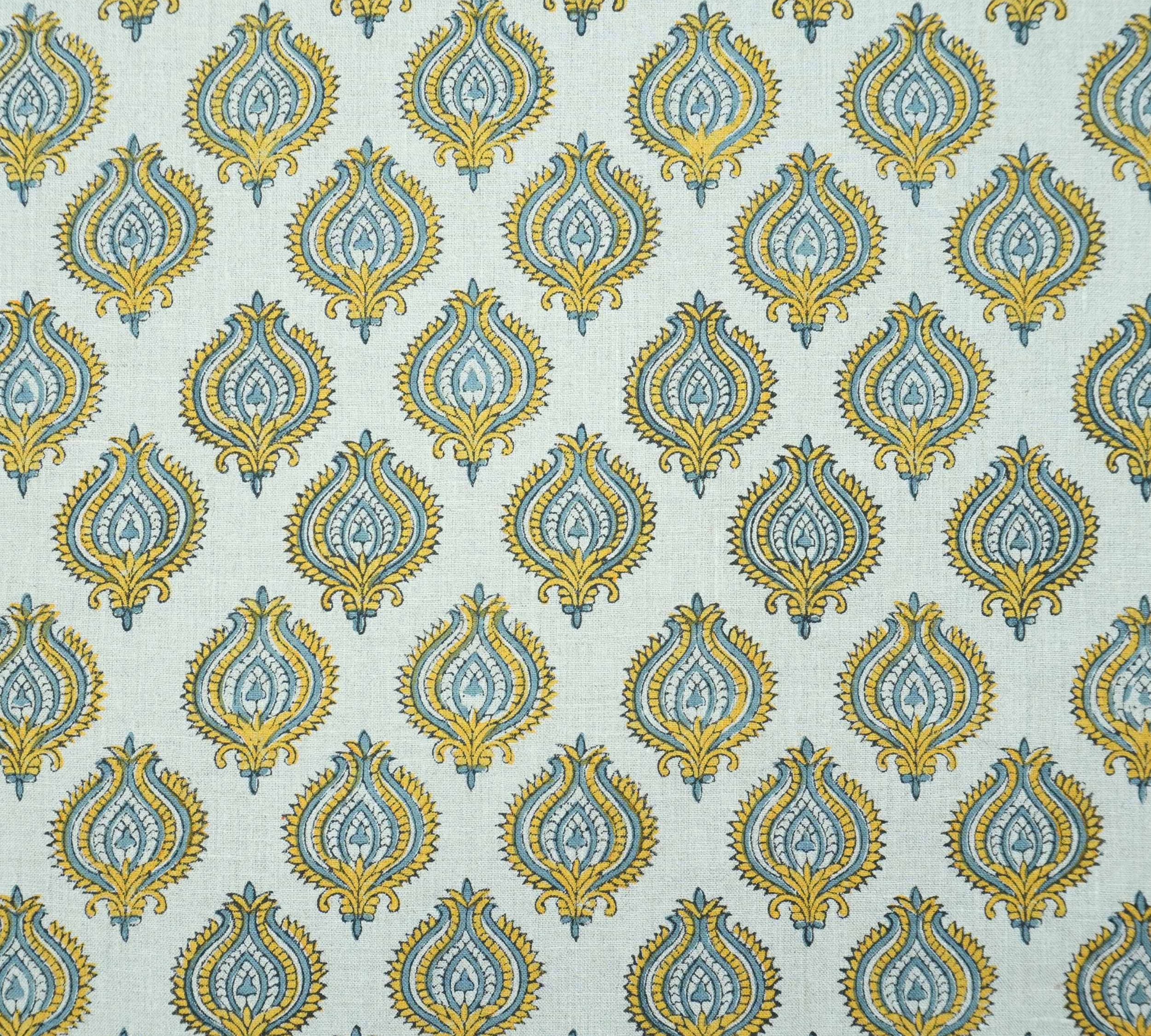 Indian Printed Yellow Blue Floral Pure Linen Throw Fabric - Uday