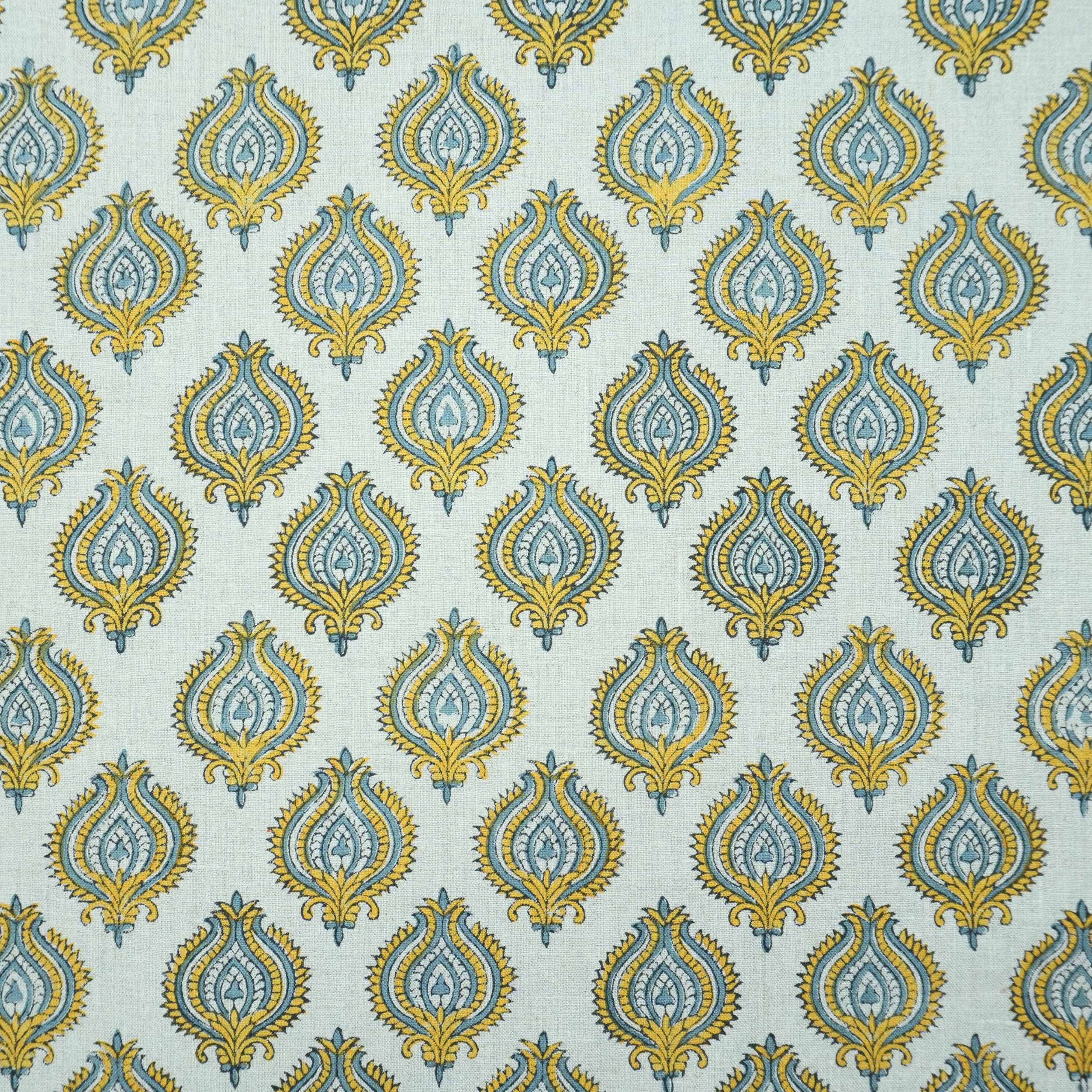 Indian Printed Yellow Blue Floral Pure Linen Throw Fabric - Uday