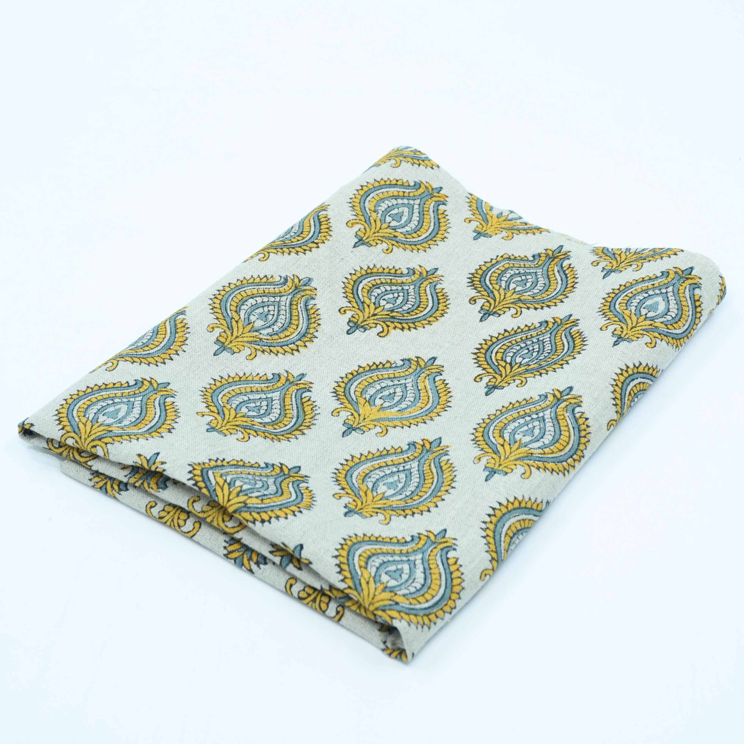 Indian Printed Yellow Blue Floral Pure Linen Throw Fabric - Uday