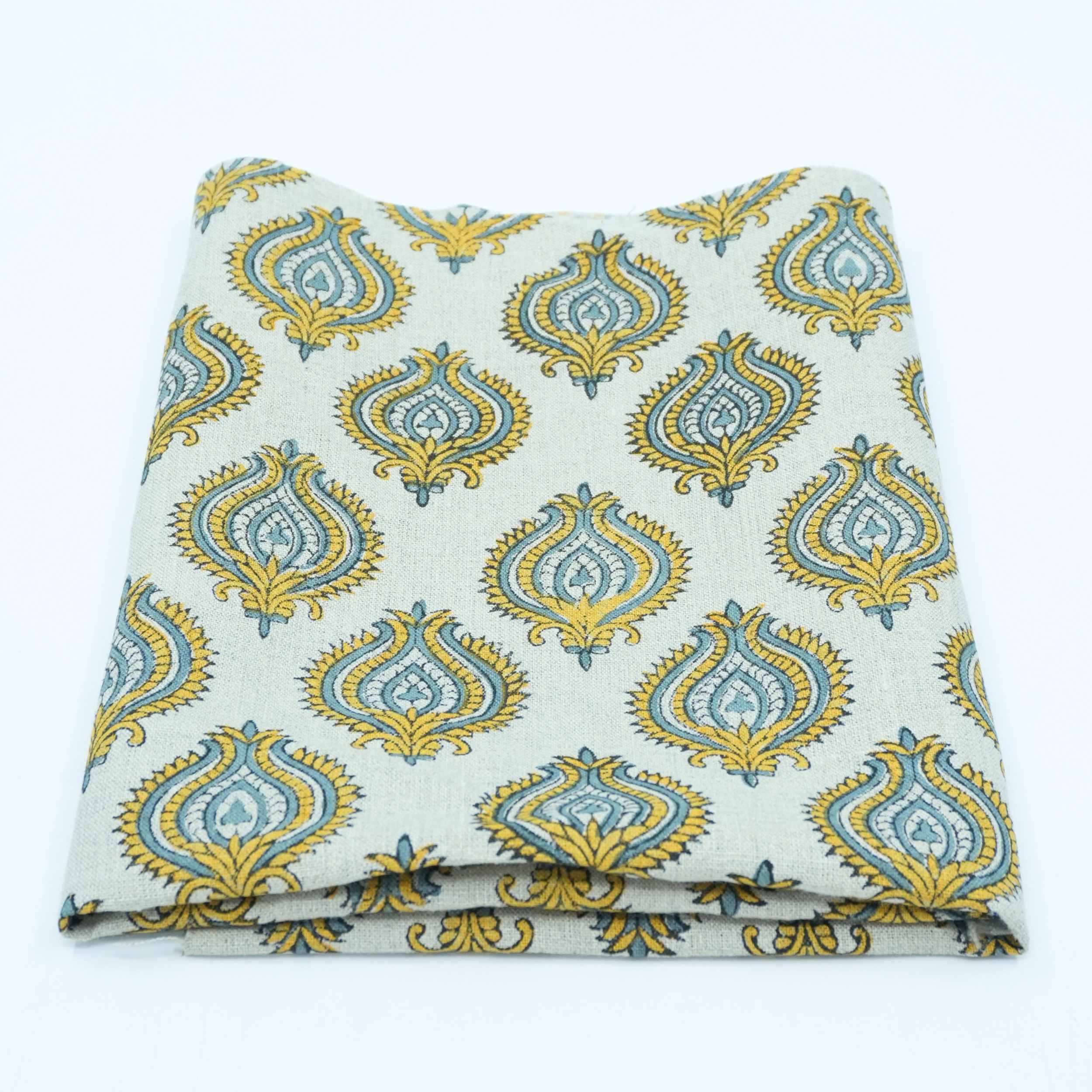 Indian Printed Yellow Blue Floral Pure Linen Throw Fabric - Uday