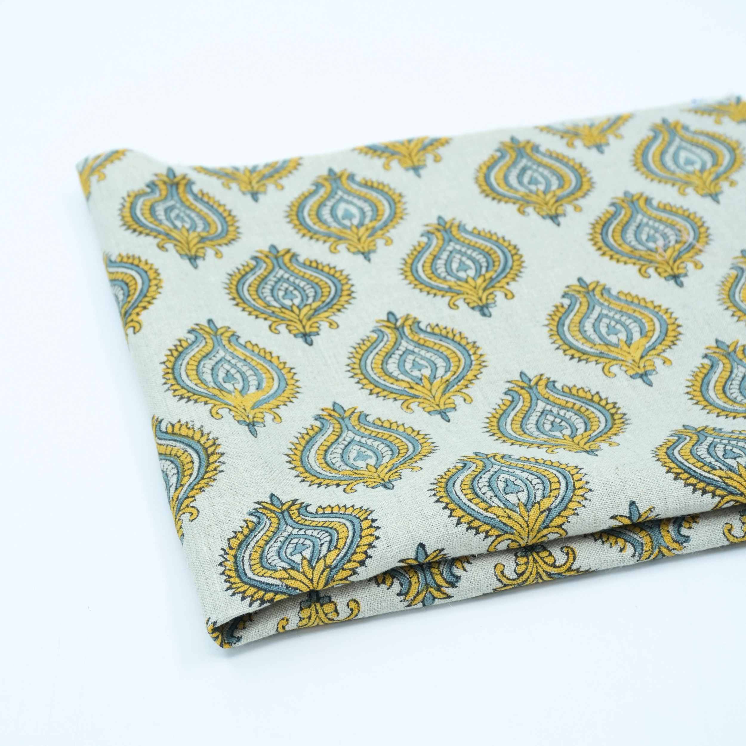 Indian Printed Yellow Blue Floral Pure Linen Throw Fabric - Uday