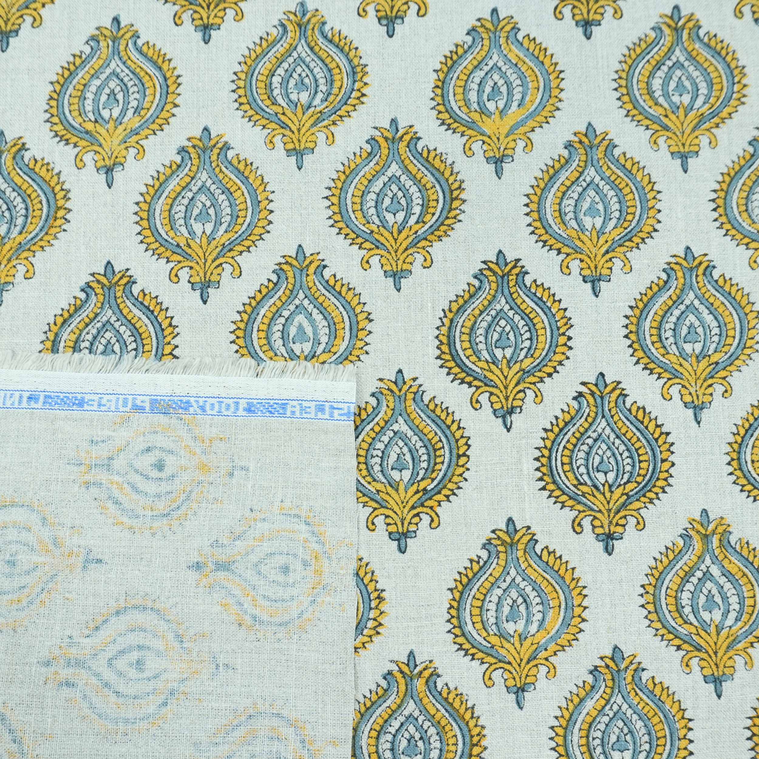 Indian Printed Yellow Blue Floral Pure Linen Throw Fabric - Uday