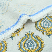Indian Printed Yellow Blue Floral Pure Linen Throw Fabric - Uday