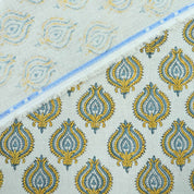 Indian Printed Yellow Blue Floral Pure Linen Throw Fabric - Uday