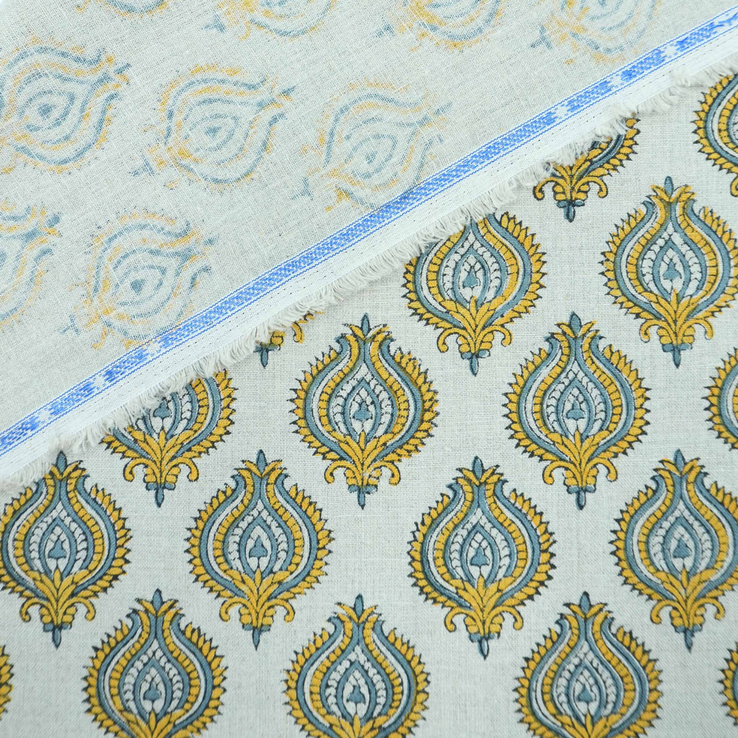 Indian Printed Yellow Blue Floral Pure Linen Throw Fabric - Uday