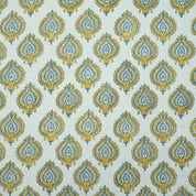 Indian Printed Yellow Blue Floral Pure Linen Throw Fabric - Uday