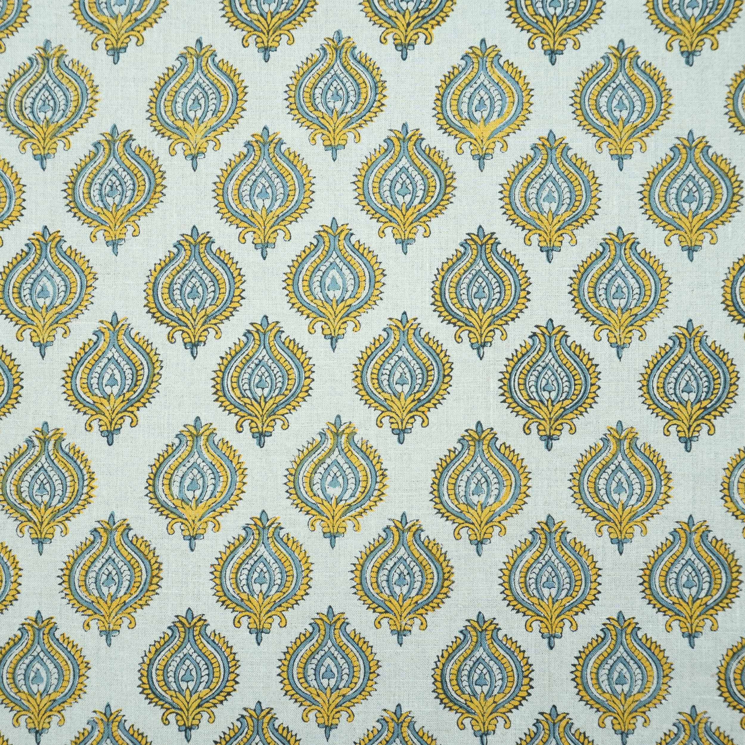 Indian Printed Yellow Blue Floral Pure Linen Throw Fabric - Uday