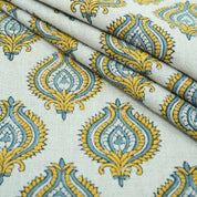Indian Printed Yellow Blue Floral Pure Linen Throw Fabric - Uday