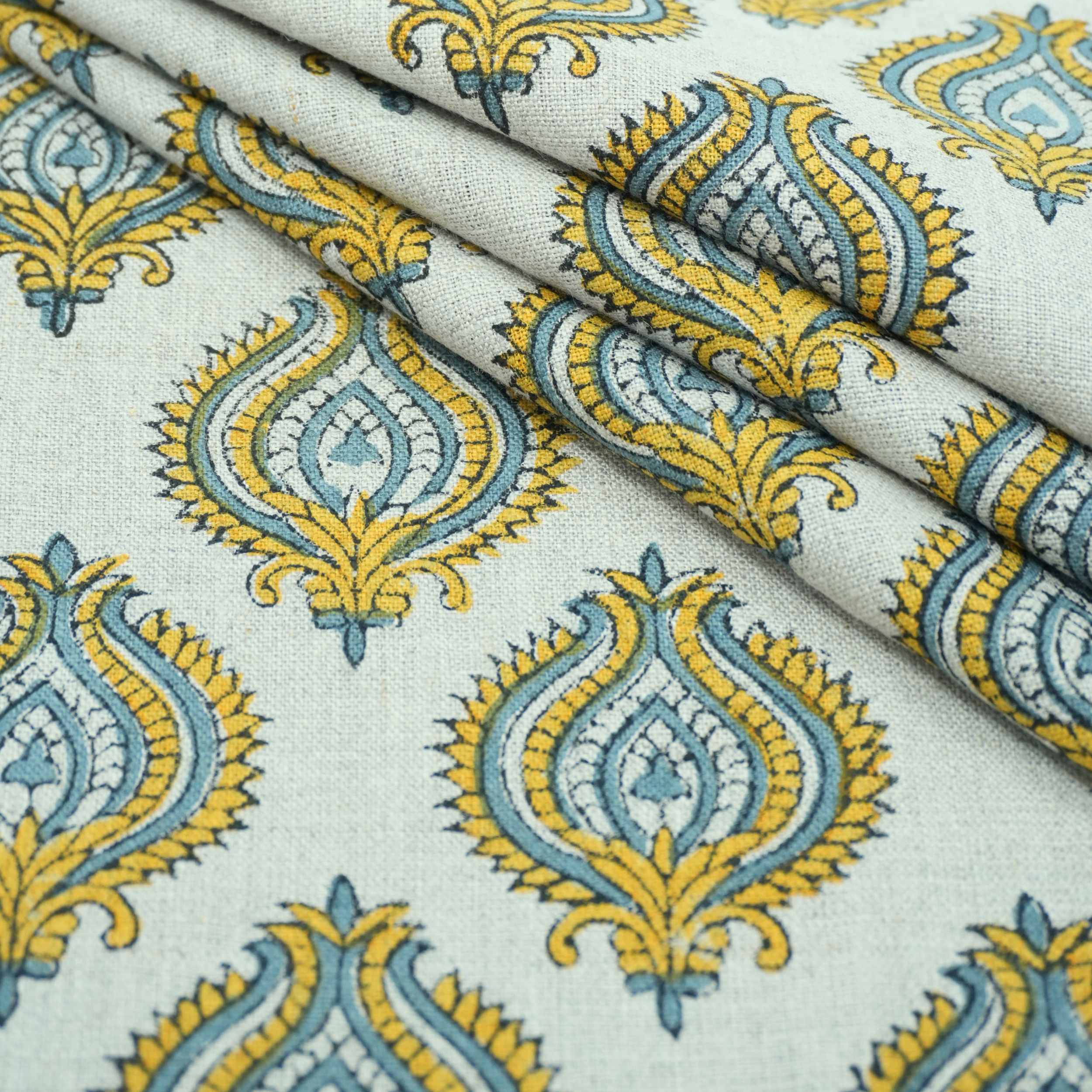 Indian Printed Yellow Blue Floral Pure Linen Throw Fabric - Uday