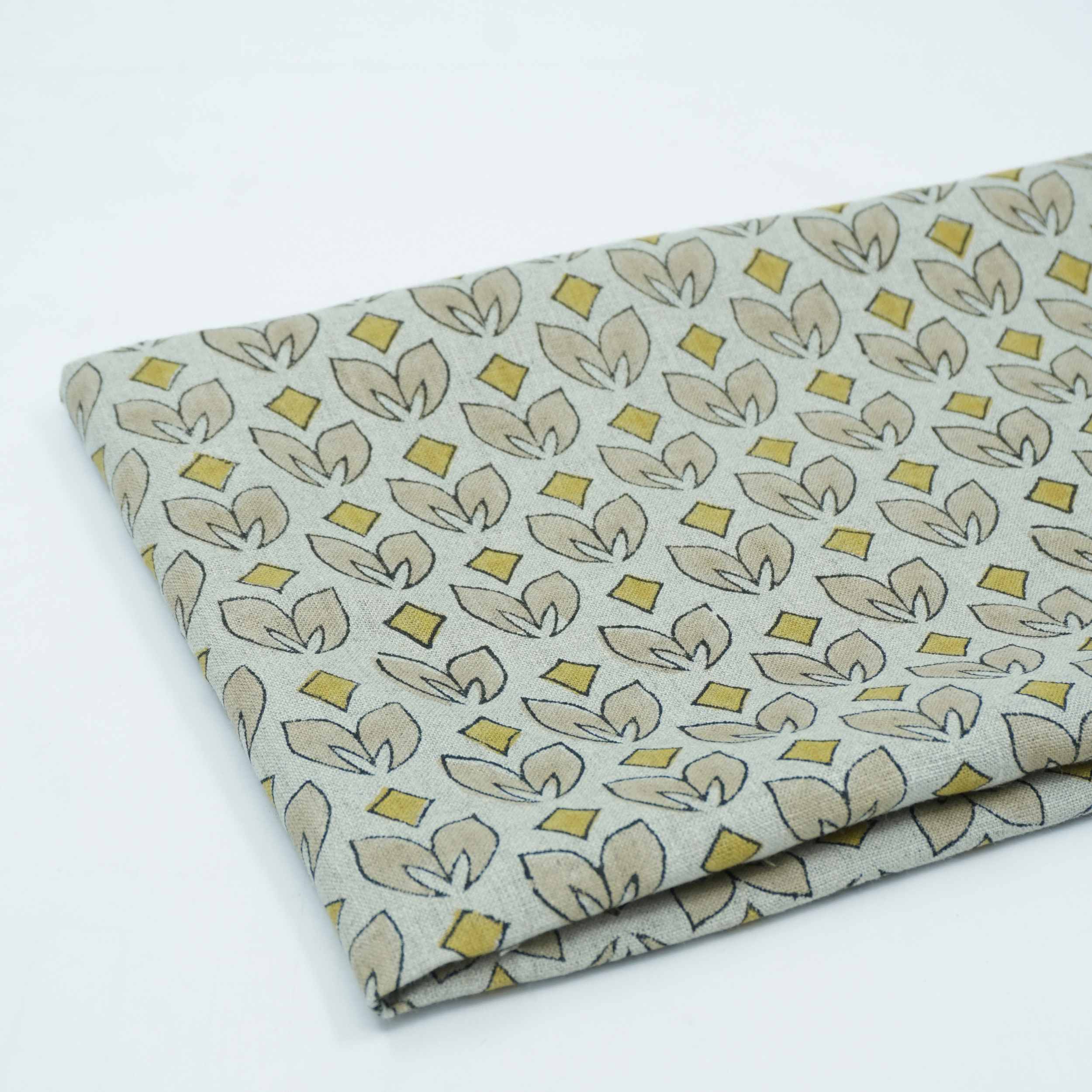 Handmade Yellow & Beige Floral Pure Linen Fabric - Titlee