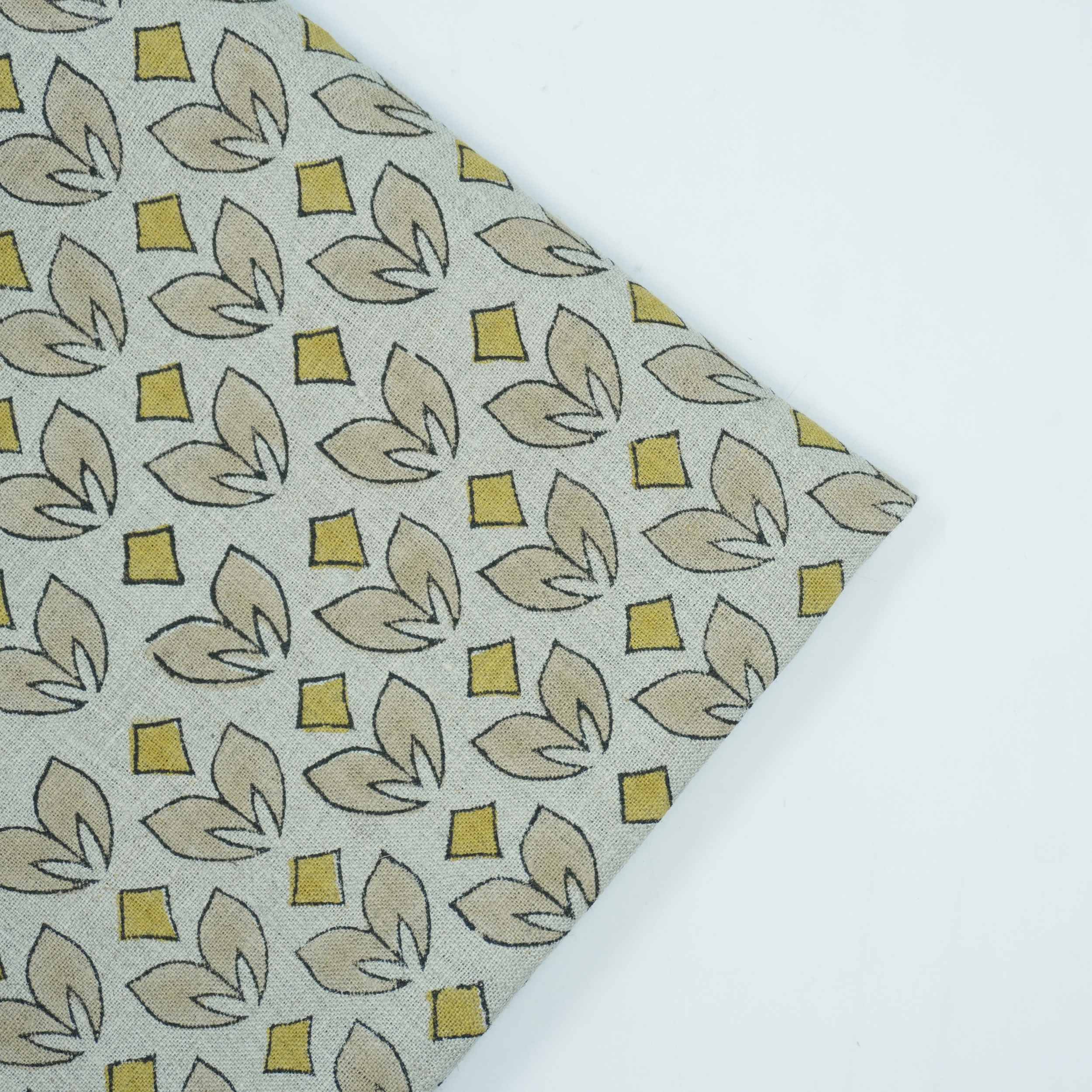 Handmade Yellow & Beige Floral Pure Linen Fabric - Titlee