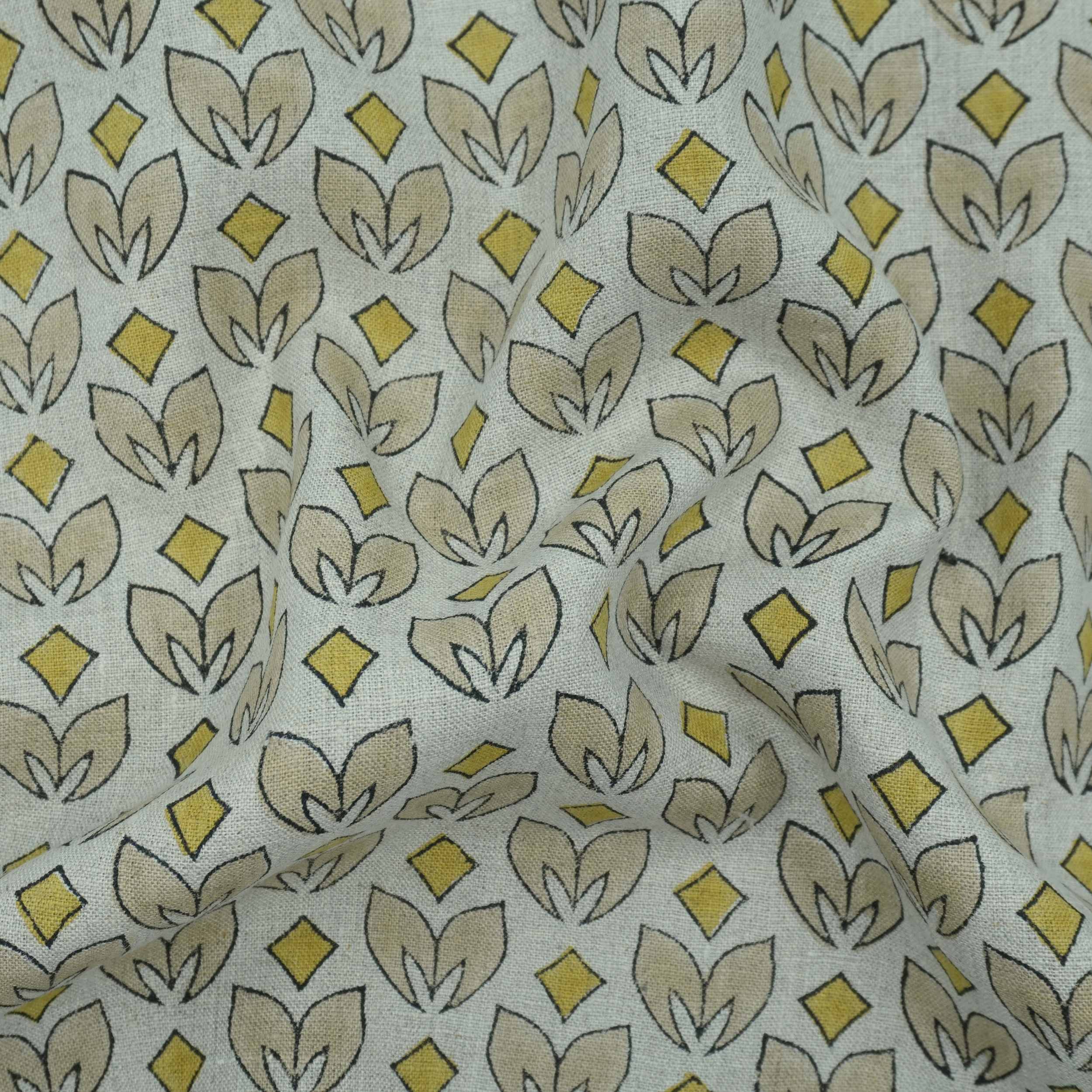 Handmade Yellow & Beige Floral Pure Linen Fabric - Titlee