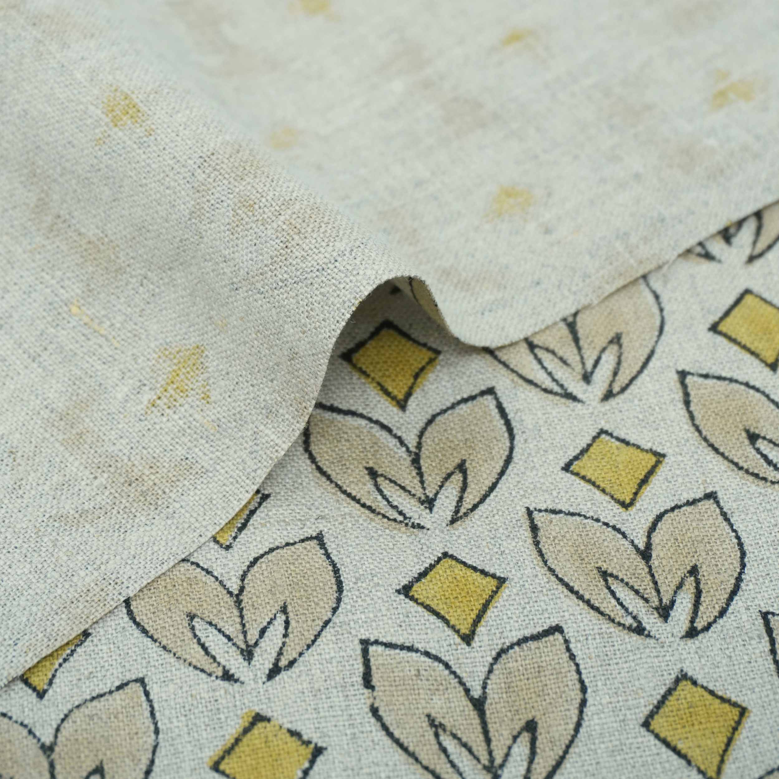 Handmade Yellow & Beige Floral Pure Linen Fabric - Titlee