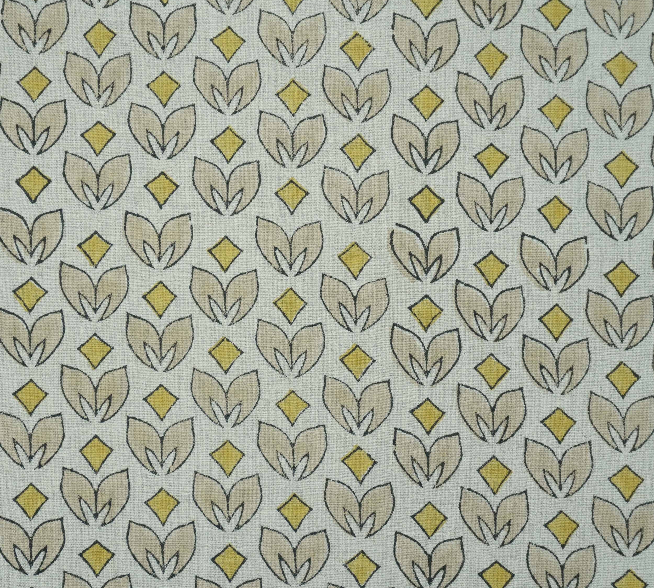 Handmade Yellow & Beige Floral Pure Linen Fabric - Titlee