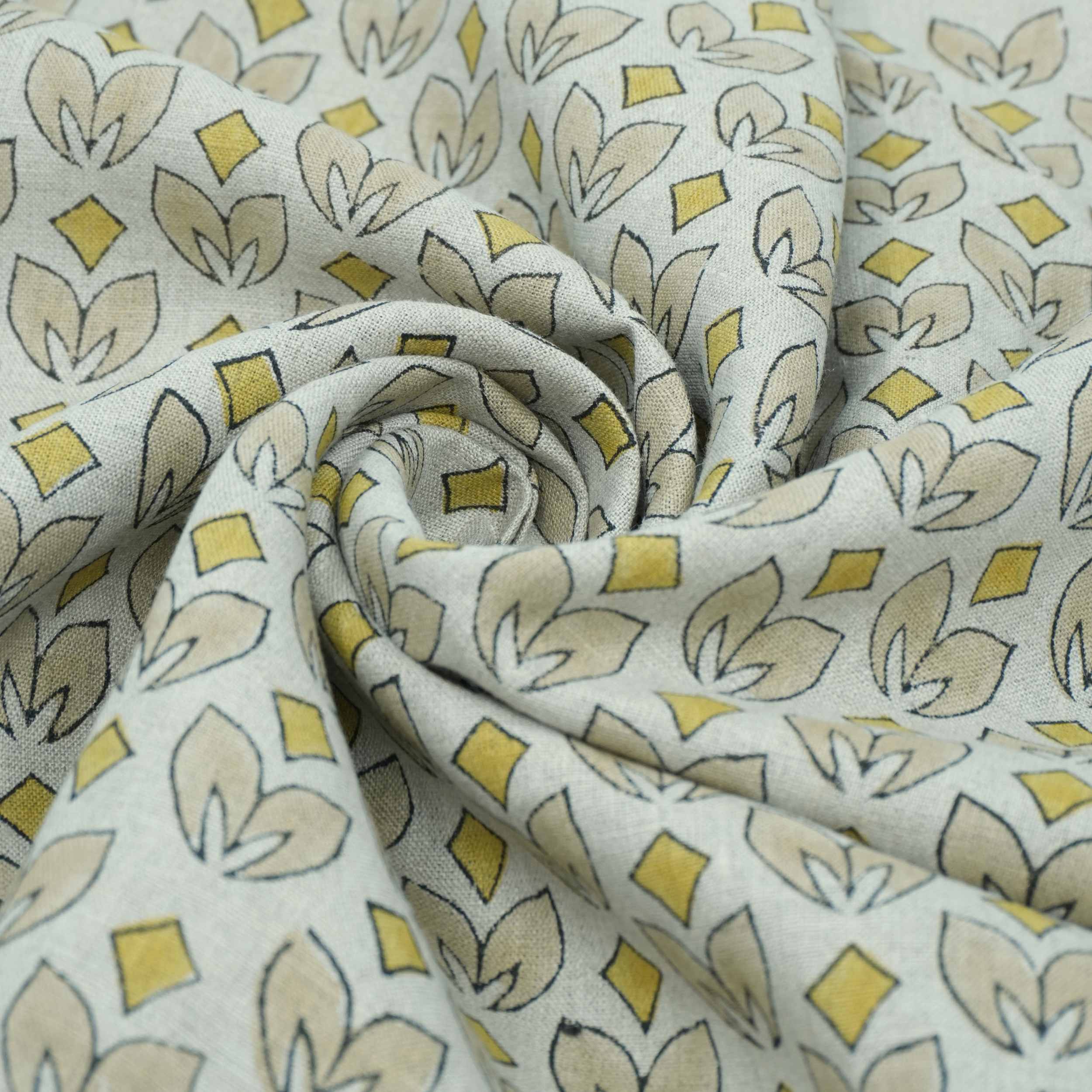 Handmade Yellow & Beige Floral Pure Linen Fabric - Titlee