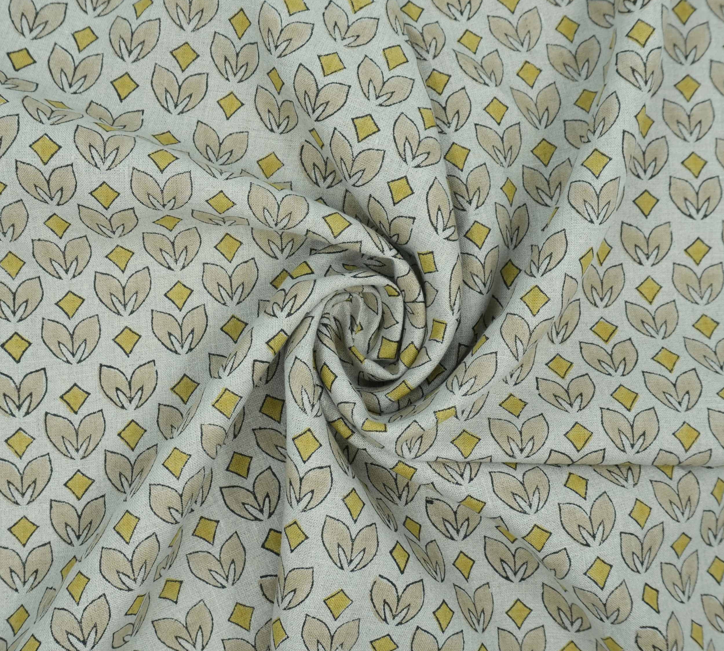 Handmade Yellow & Beige Floral Pure Linen Fabric - Titlee