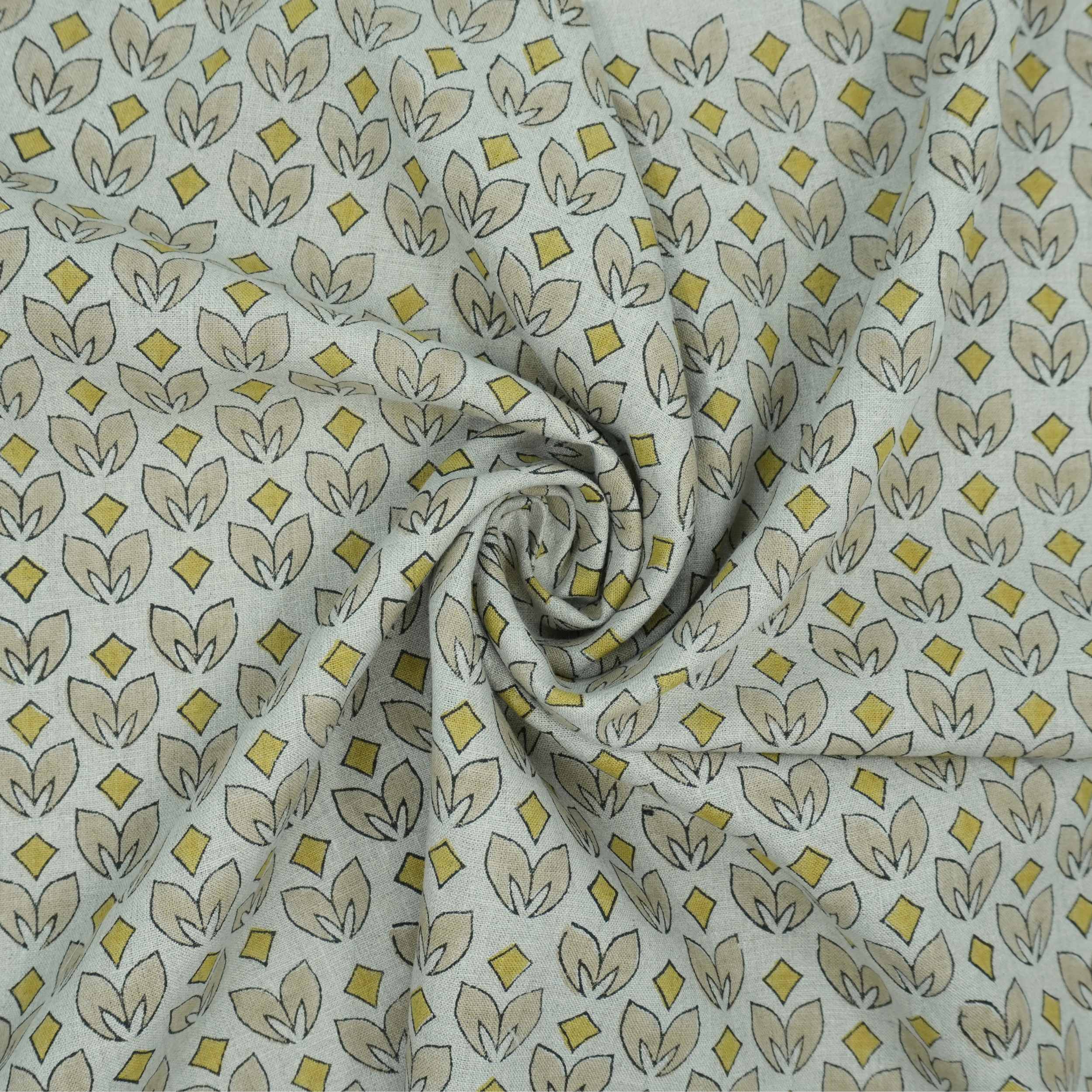 Handmade Yellow & Beige Floral Pure Linen Fabric - Titlee