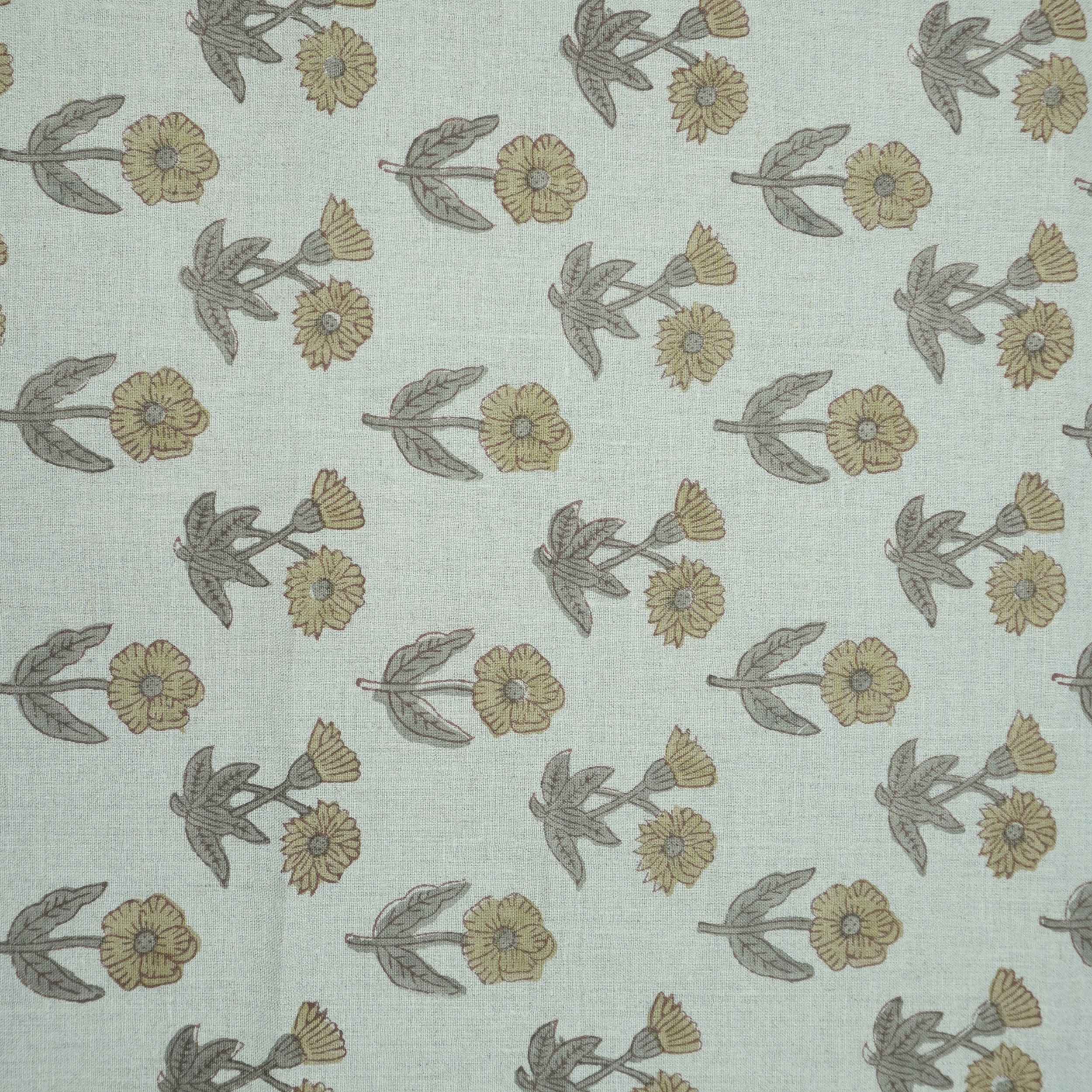 Hand Block Print Kirti Mustard Gray Floral Pure Linen Fabric
