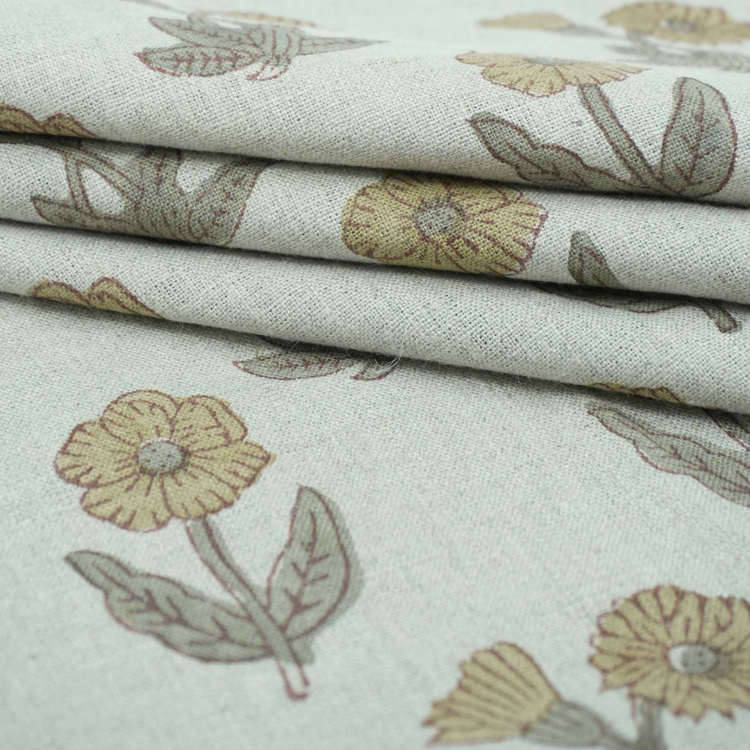 Hand Block Print Kirti Mustard Gray Floral Pure Linen Fabric