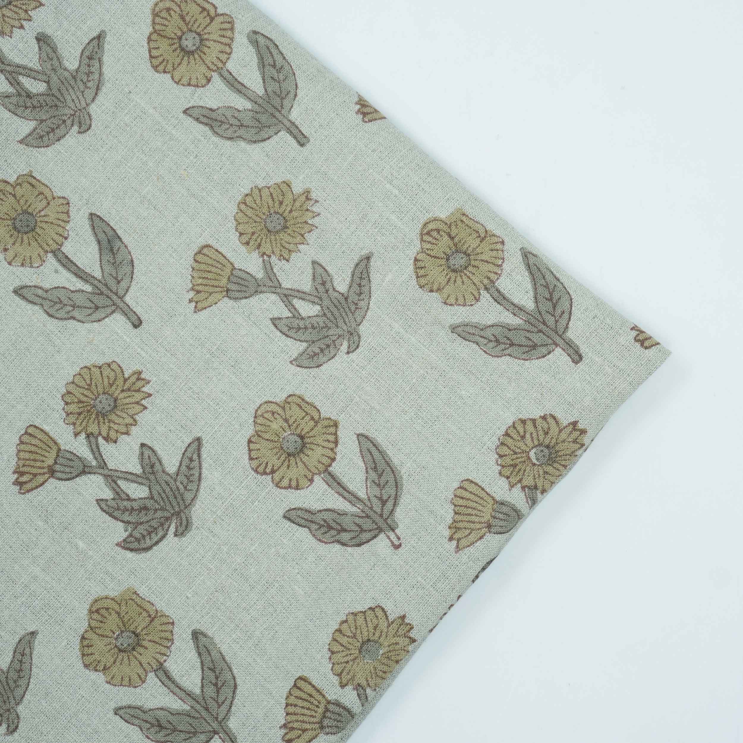 Hand Block Print Kirti Mustard Gray Floral Pure Linen Fabric