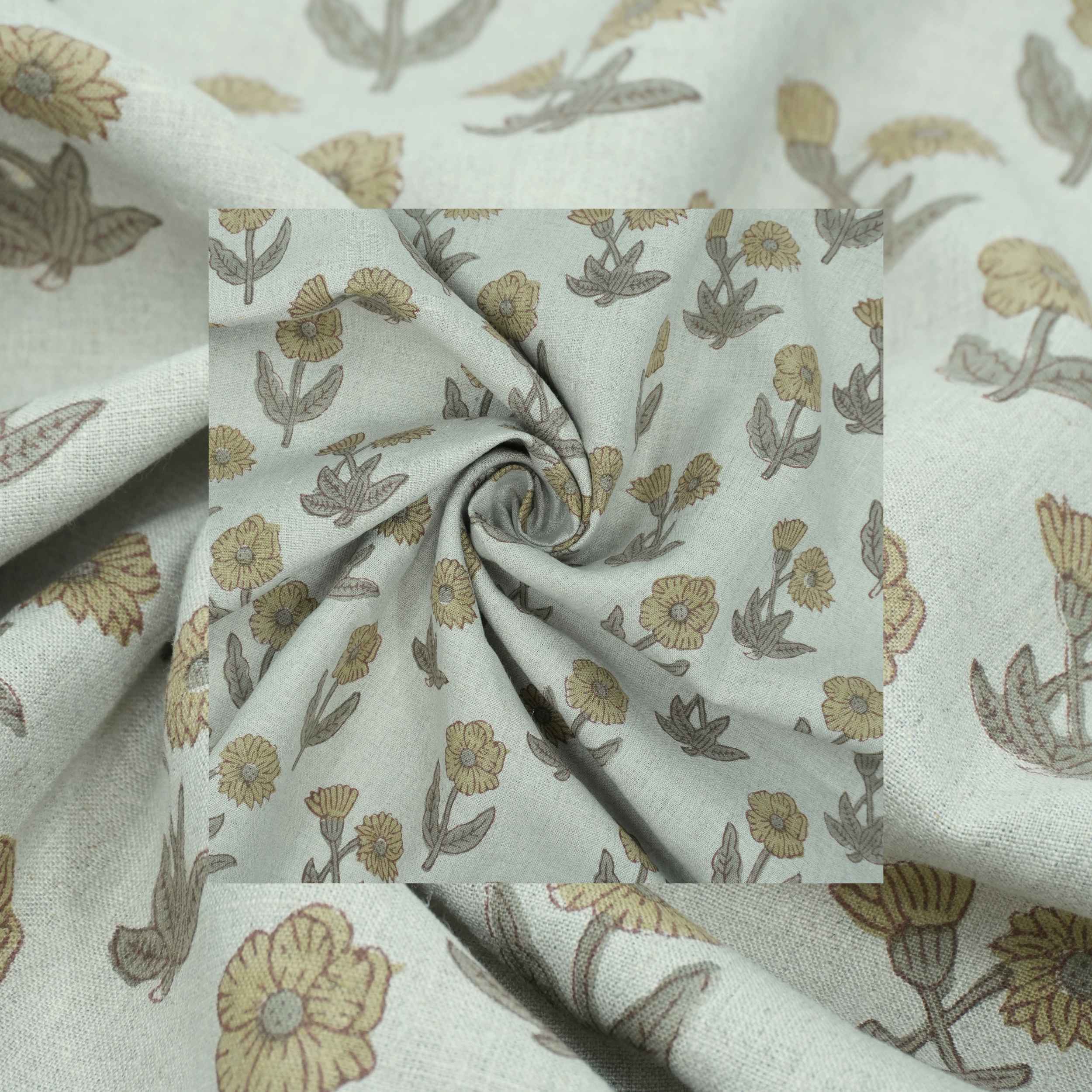 Hand Block Print Kirti Mustard Gray Floral Pure Linen Fabric