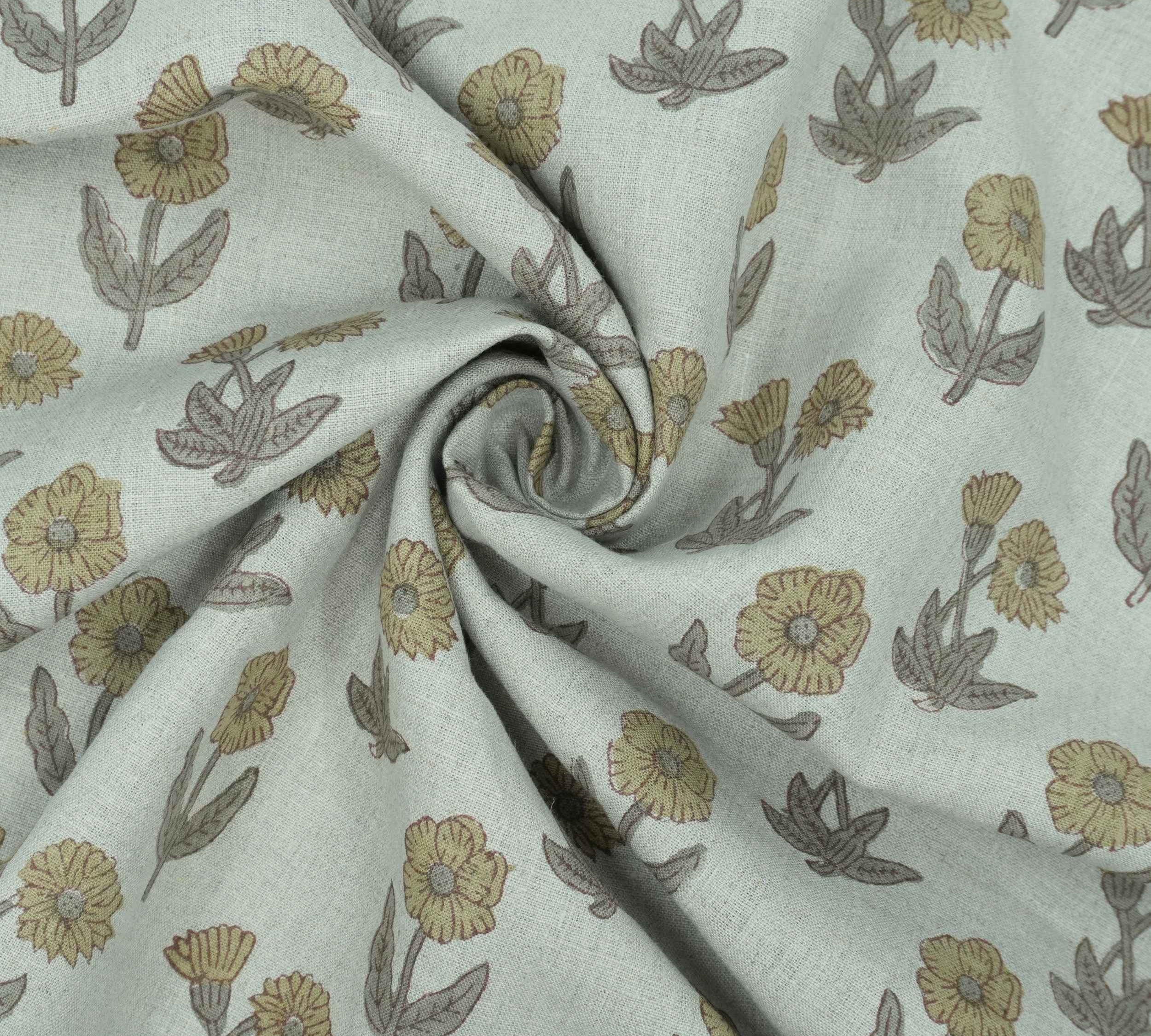 Hand Block Print Kirti Mustard Gray Floral Pure Linen Fabric