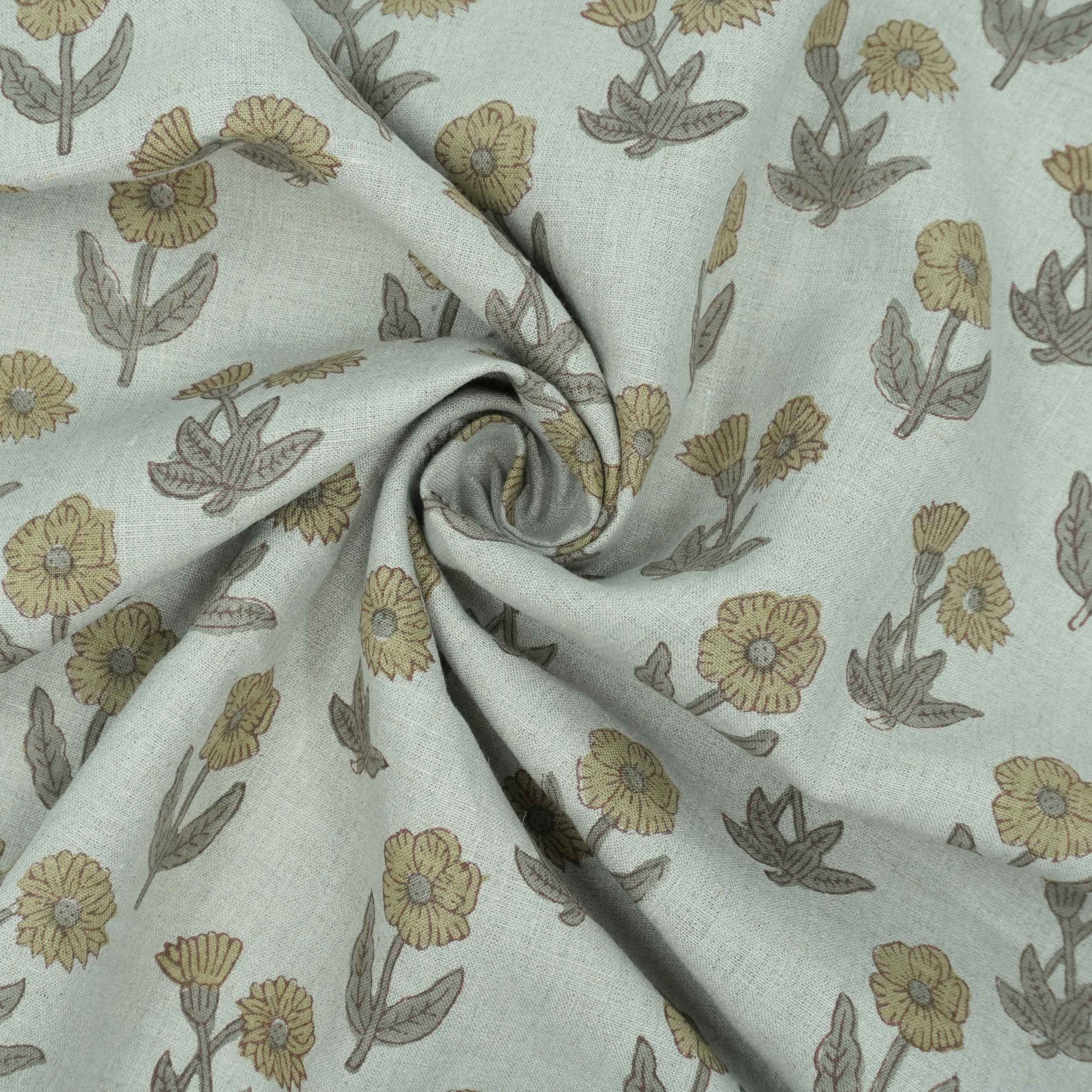 Hand Block Print Kirti Mustard Gray Floral Pure Linen Fabric