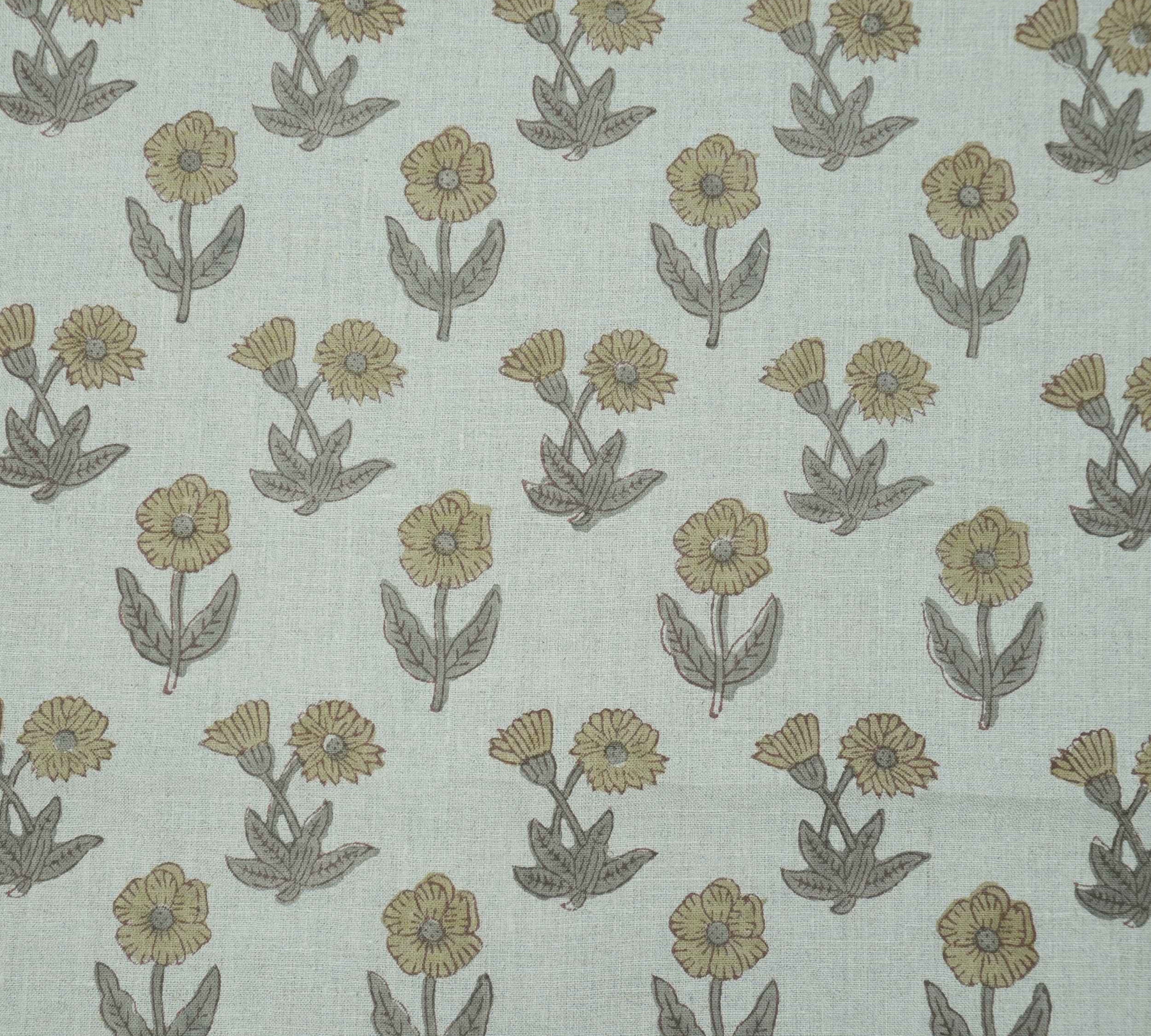 Hand Block Print Kirti Mustard Gray Floral Pure Linen Fabric