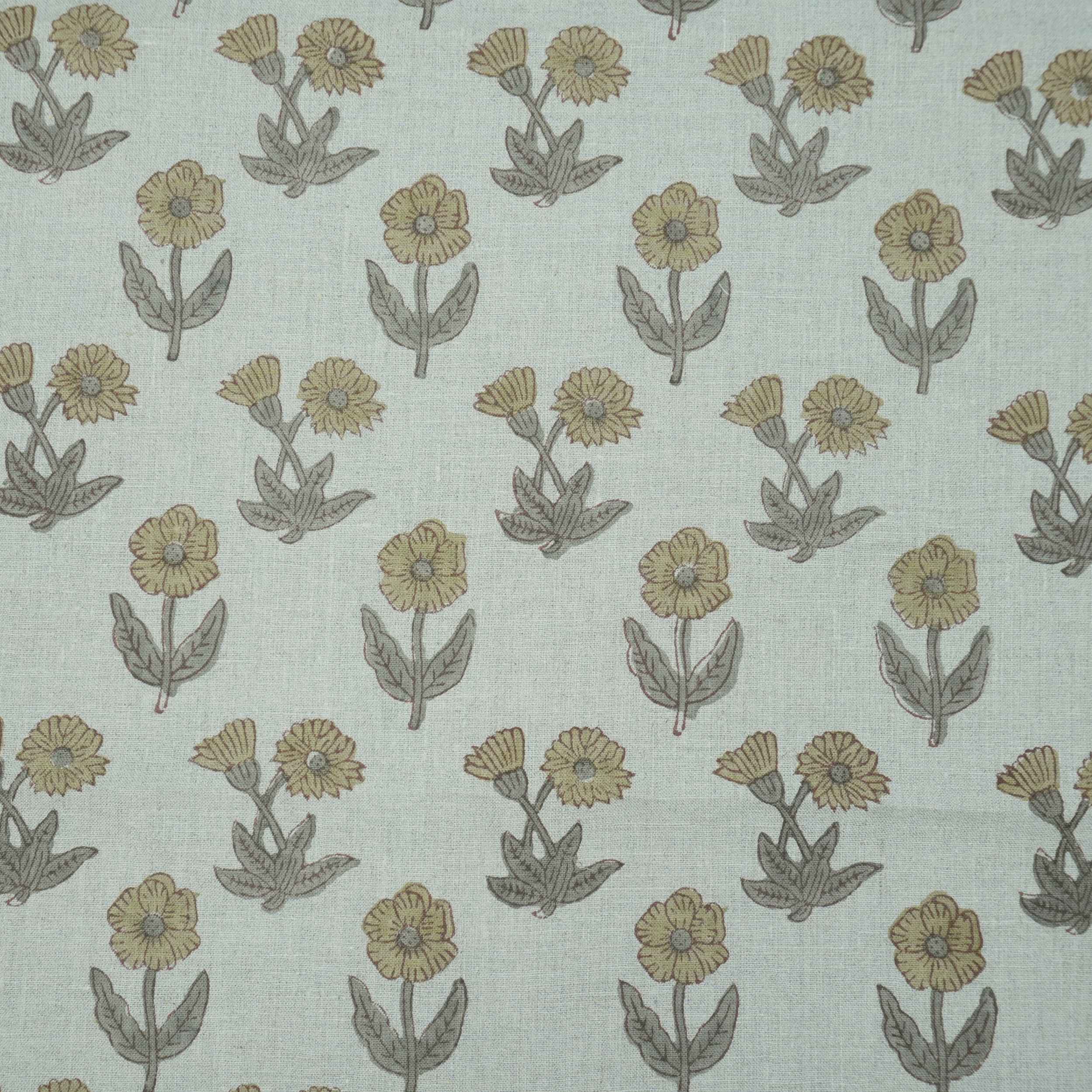 Hand Block Print Kirti Mustard Gray Floral Pure Linen Fabric