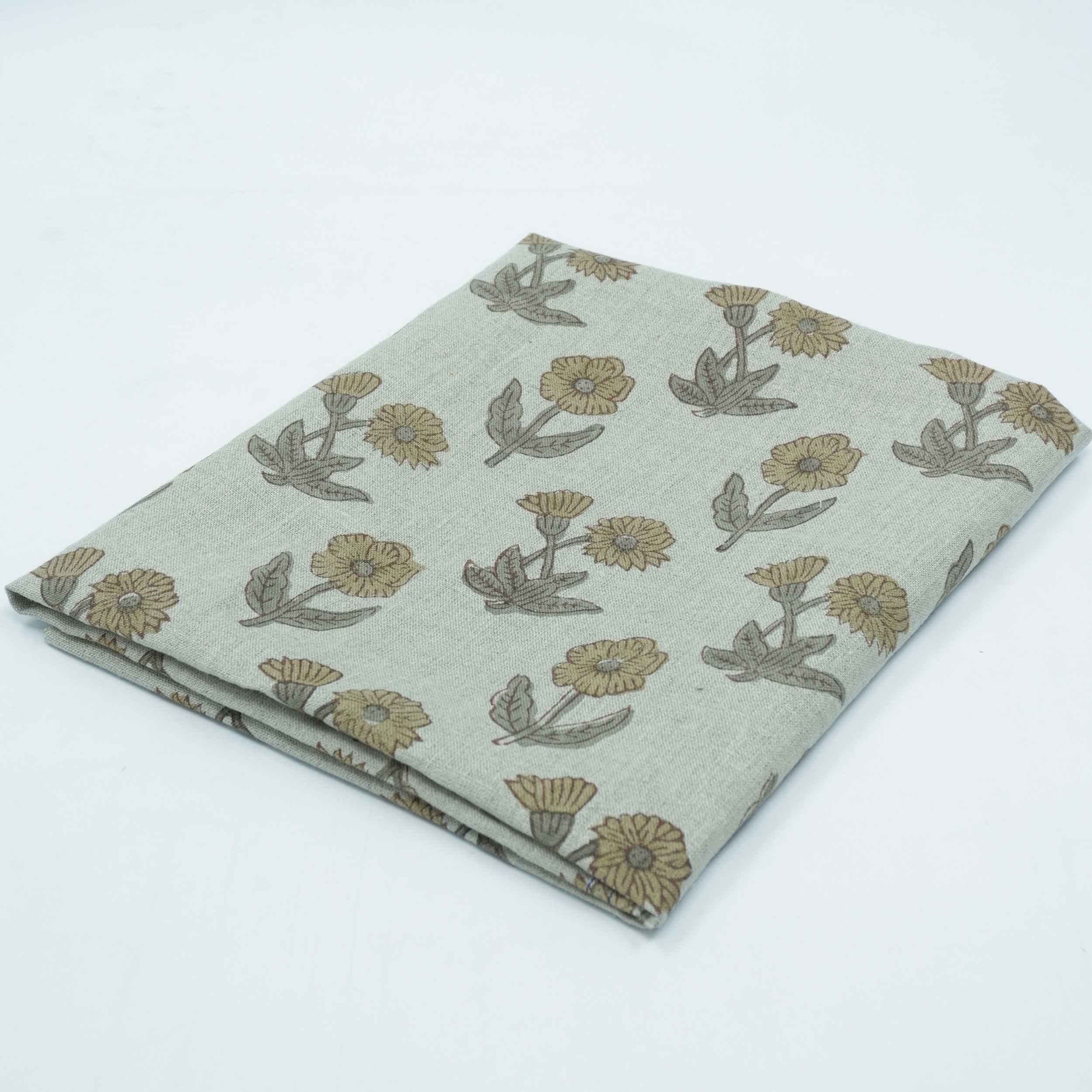 Hand Block Print Kirti Mustard Gray Floral Pure Linen Fabric