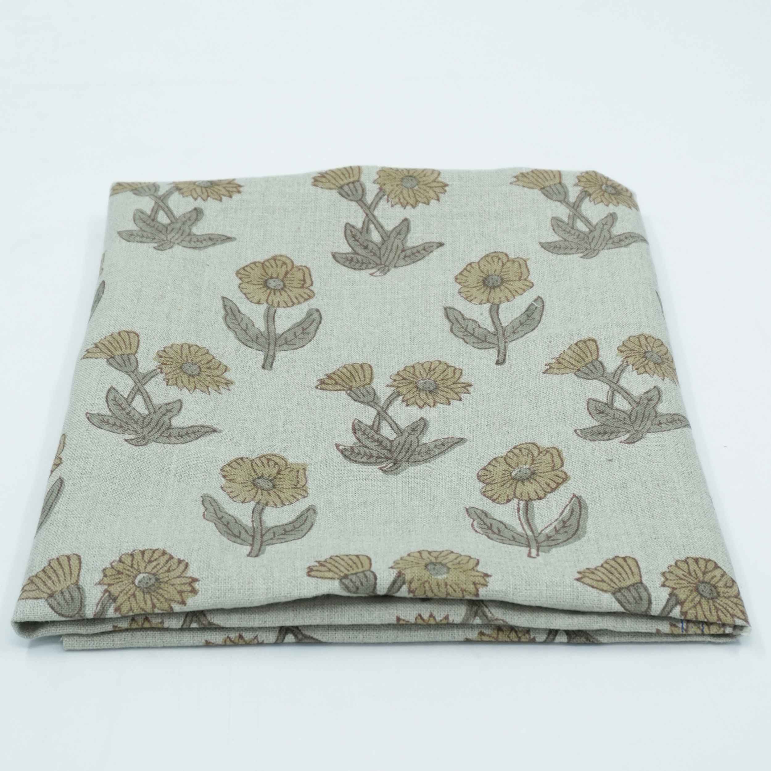 Hand Block Print Kirti Mustard Gray Floral Pure Linen Fabric