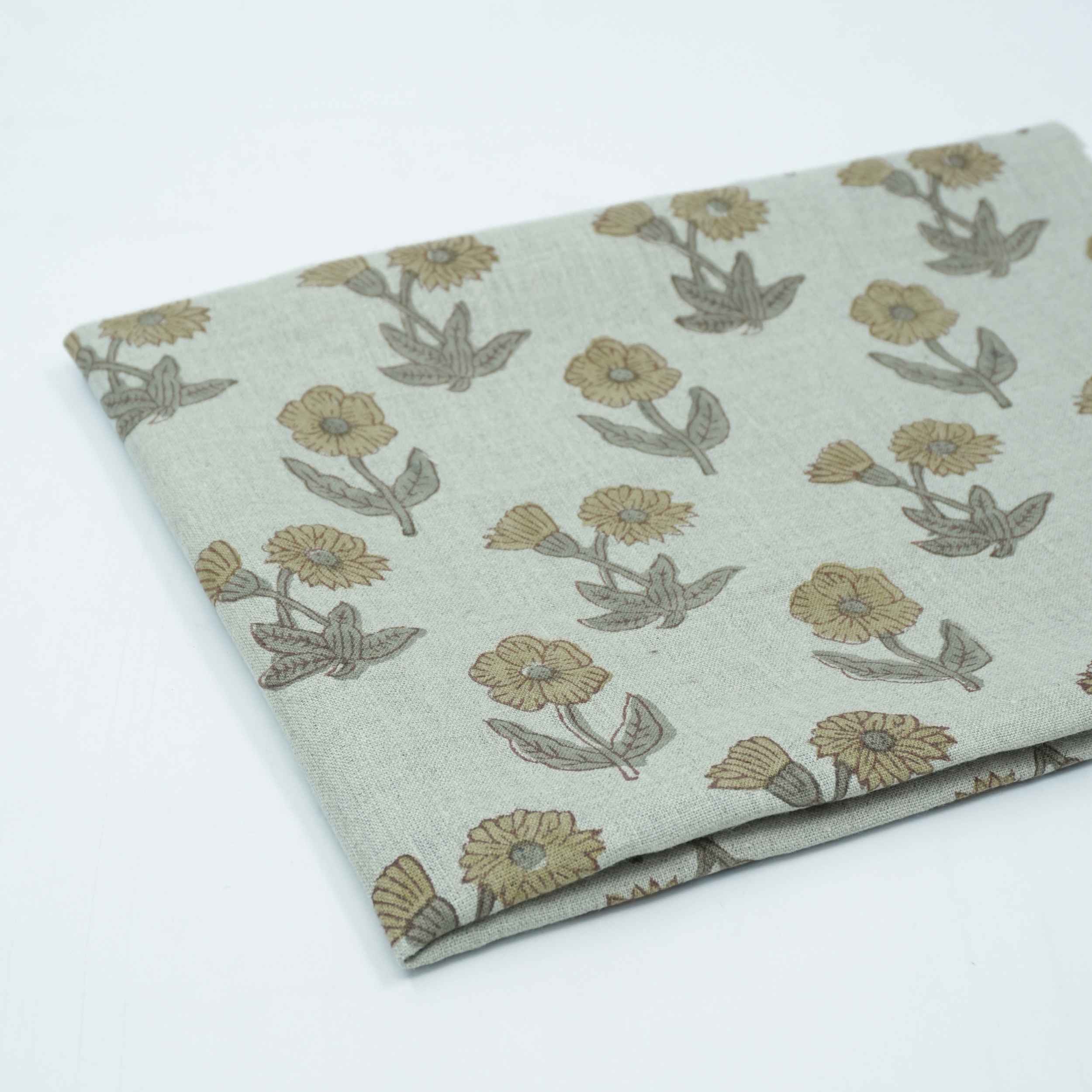 Hand Block Print Kirti Mustard Gray Floral Pure Linen Fabric