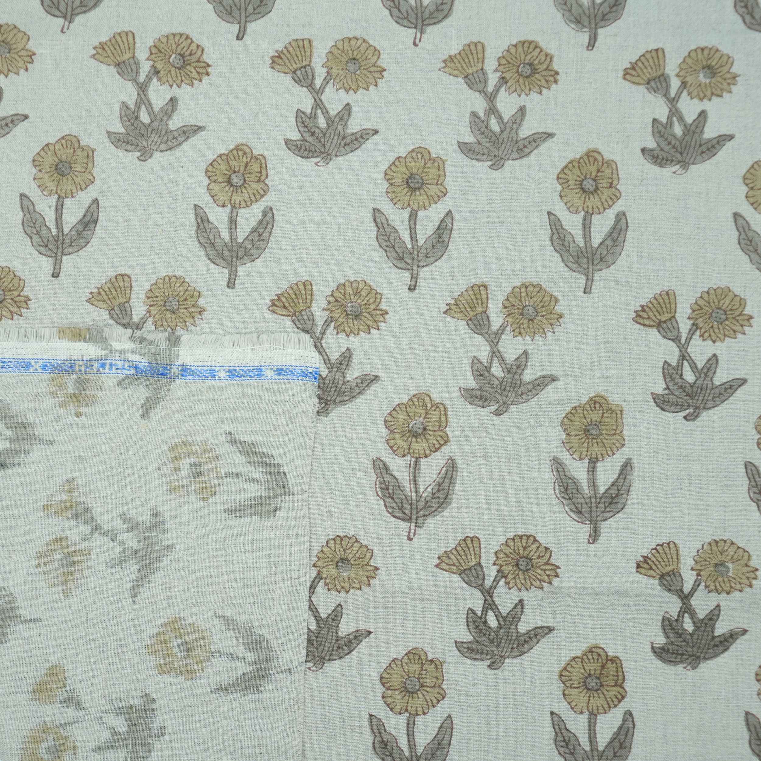 Hand Block Print Kirti Mustard Gray Floral Pure Linen Fabric