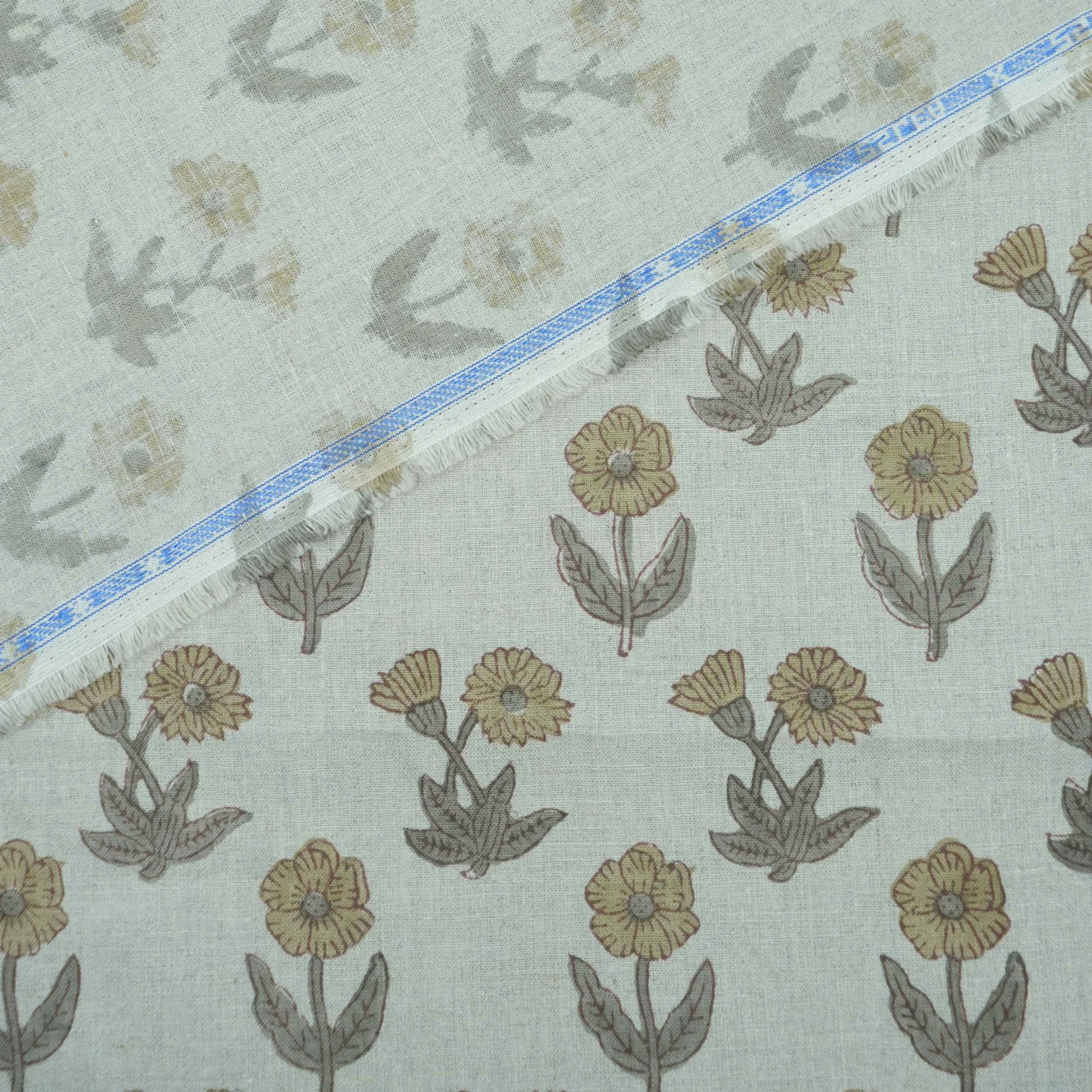 Hand Block Print Kirti Mustard Gray Floral Pure Linen Fabric