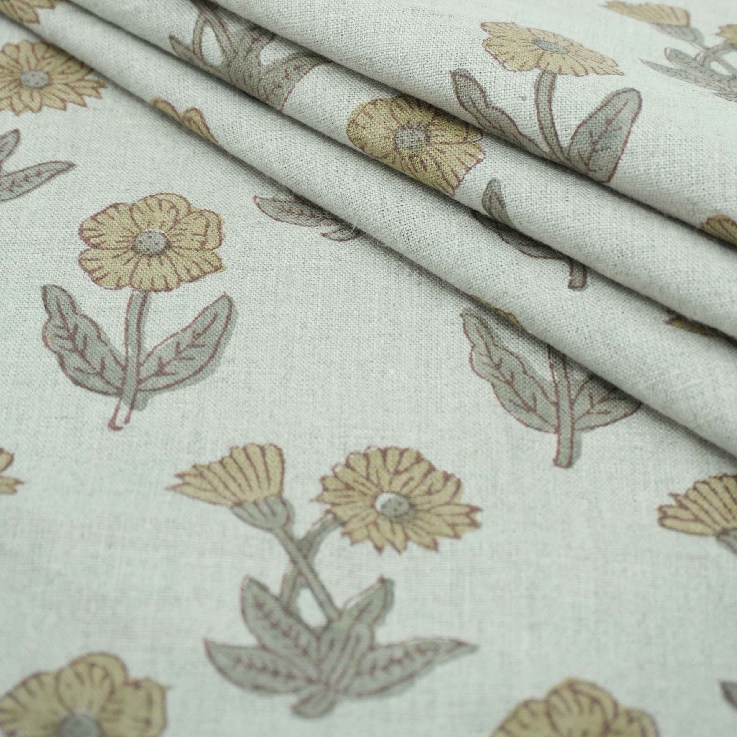 Hand Block Print Kirti Mustard Gray Floral Pure Linen Fabric