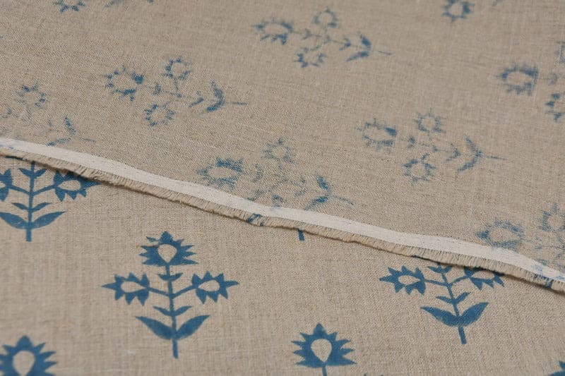 Eco Friendly Hand Block Print Beige Floral Pure Linen Fabric  - Chameli